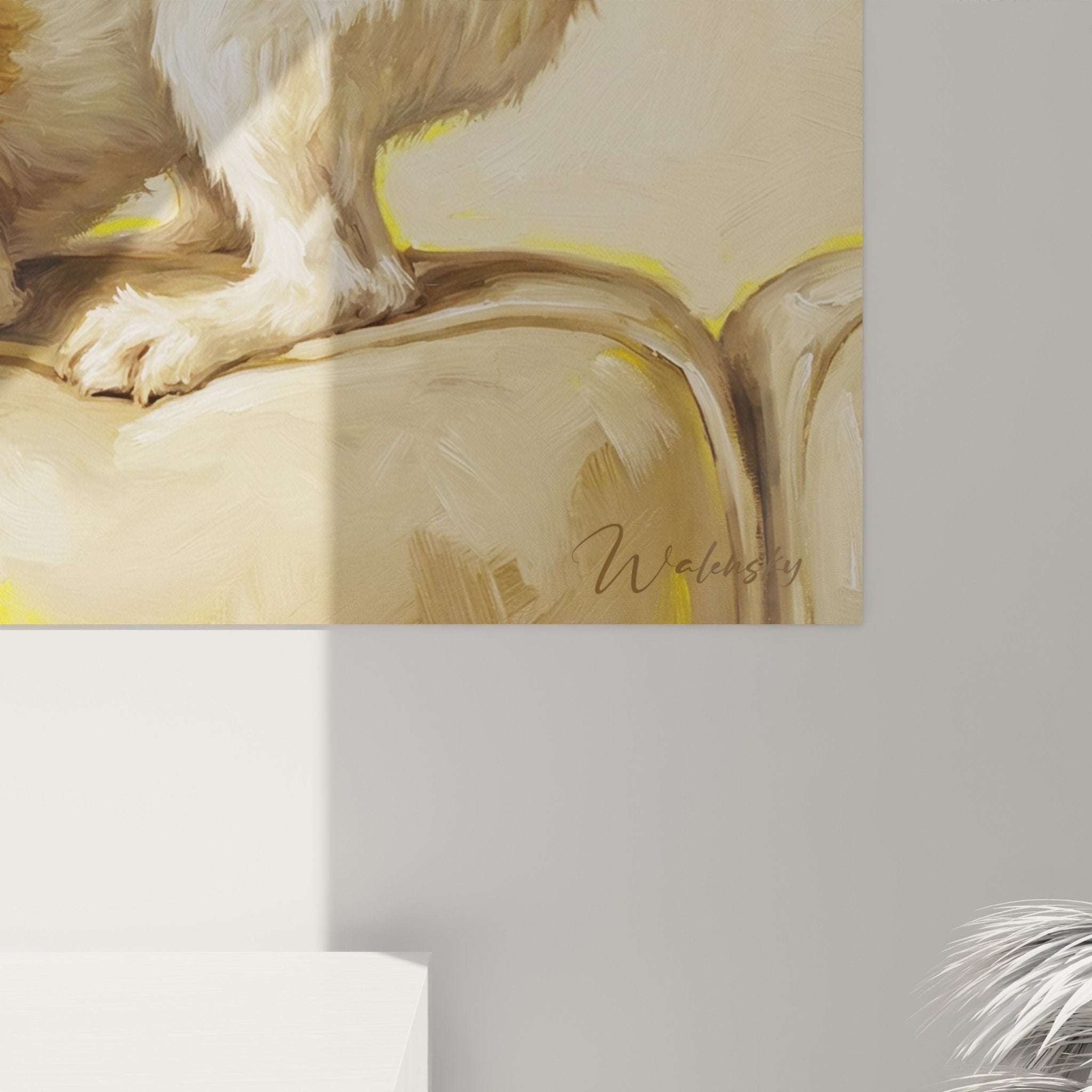 Vue ensemble tableau Fox Terrier sur canapé, art mural décoratif chien palette beige crème