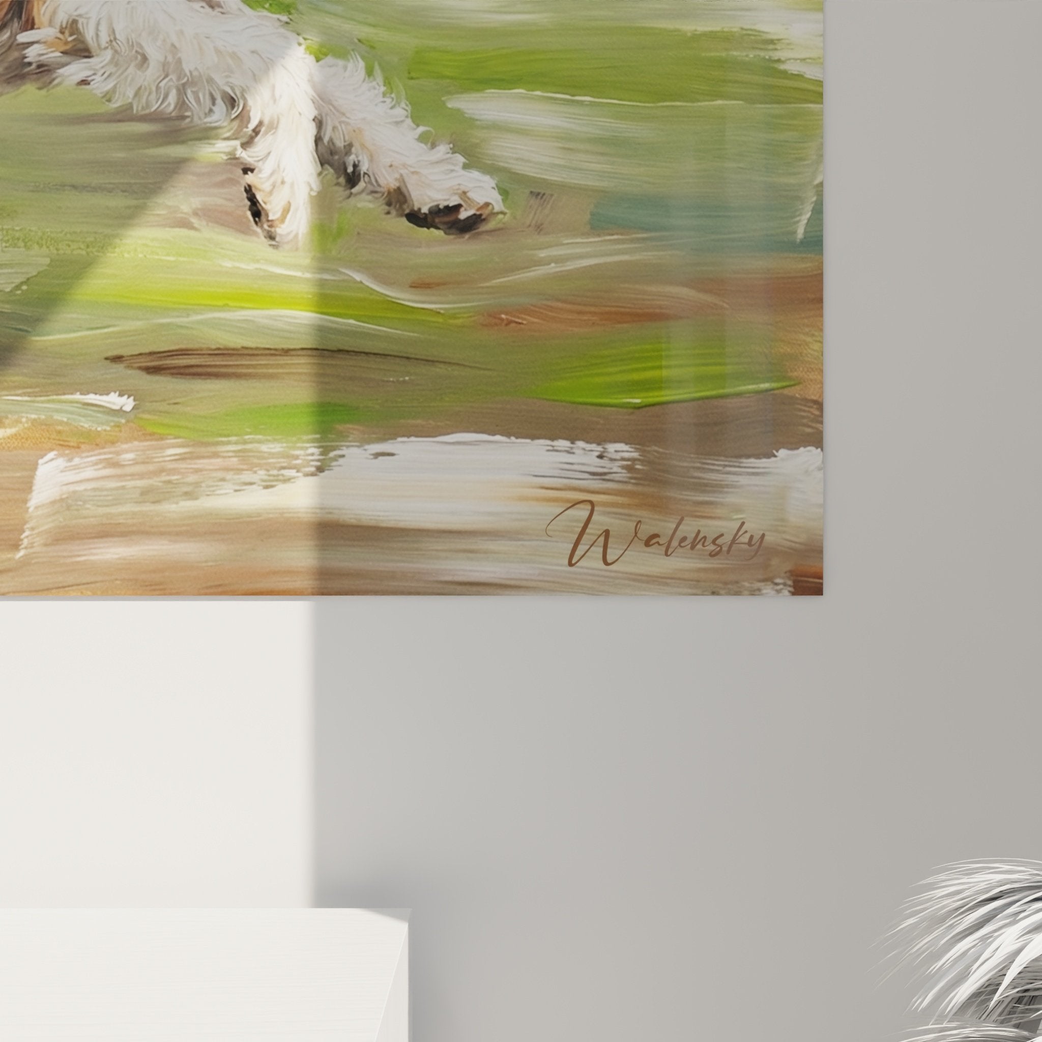 Vue ensemble tableau fox terriers course salon décoration art animalier tons chauds