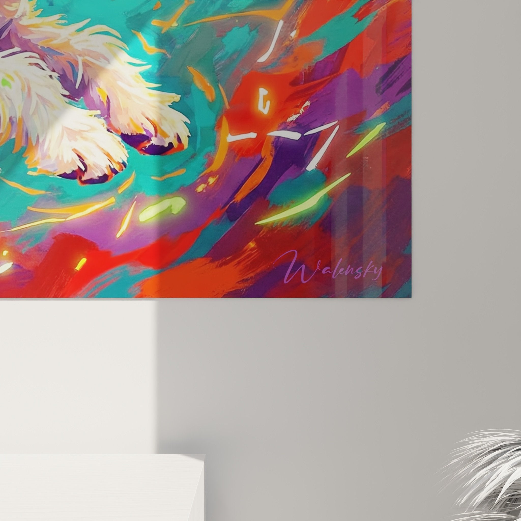 Vue ensemble tableau fox terrier salon moderne decoration murale couleurs vives art contemporain energie mouvement