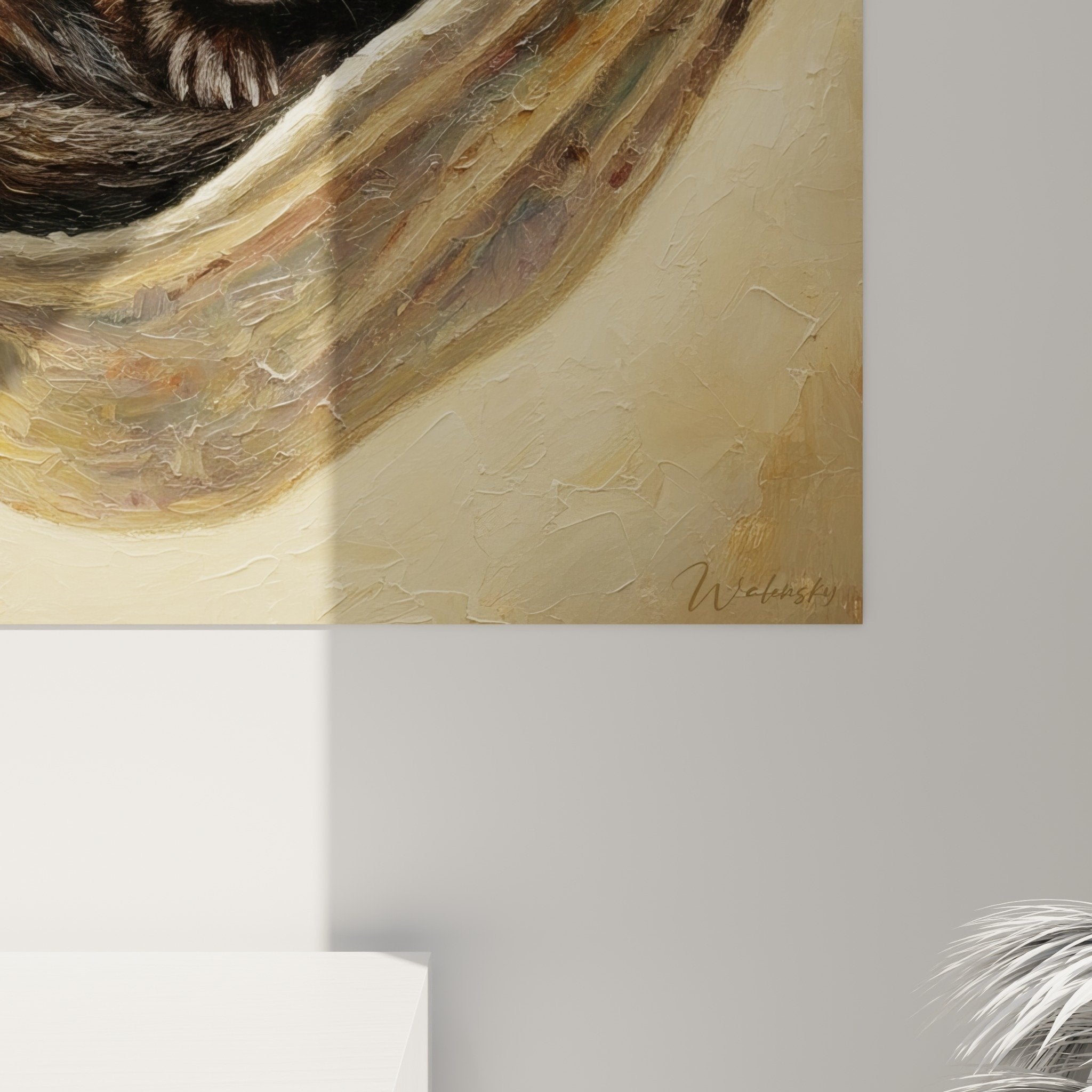Vue ensemble tableau furet hamac beige composition artistique decoration interieure style naturel