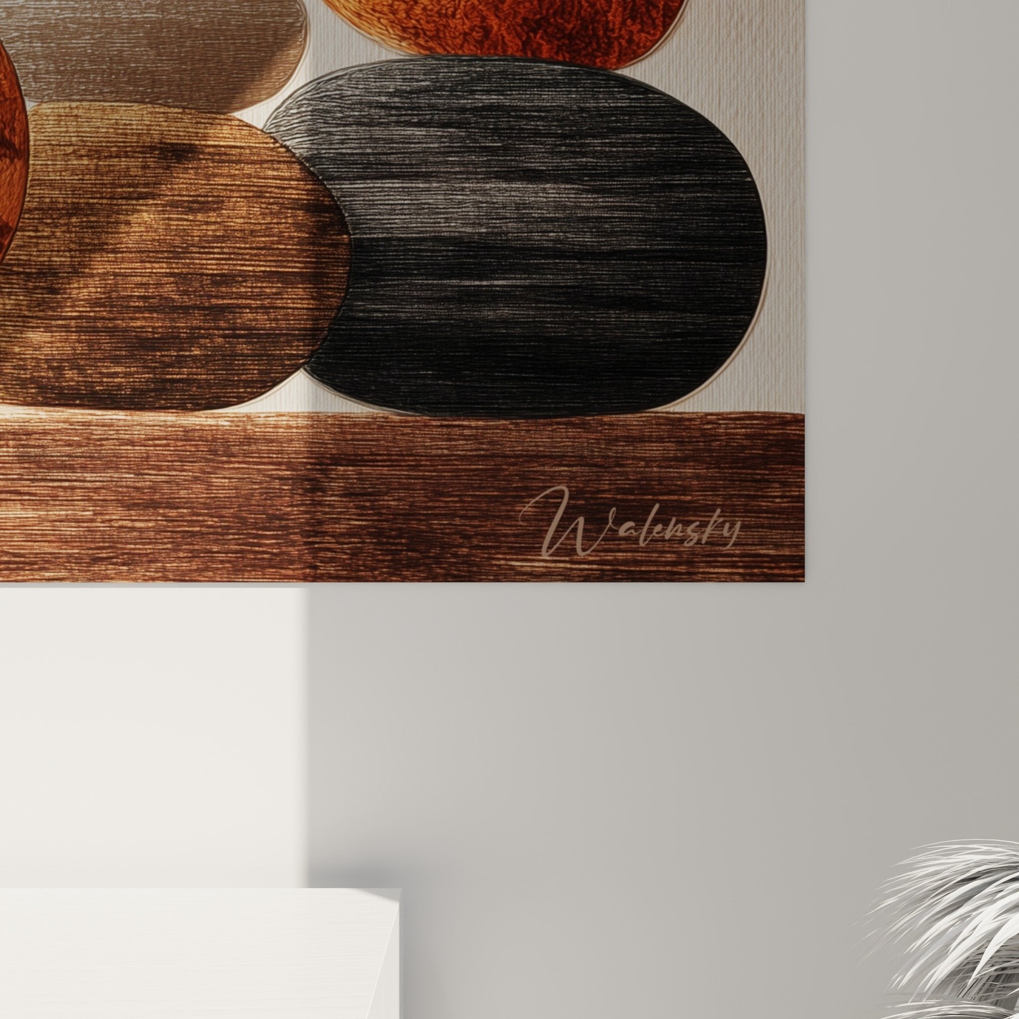 Stacked wooden pebbles wall art feng shui earth tones view