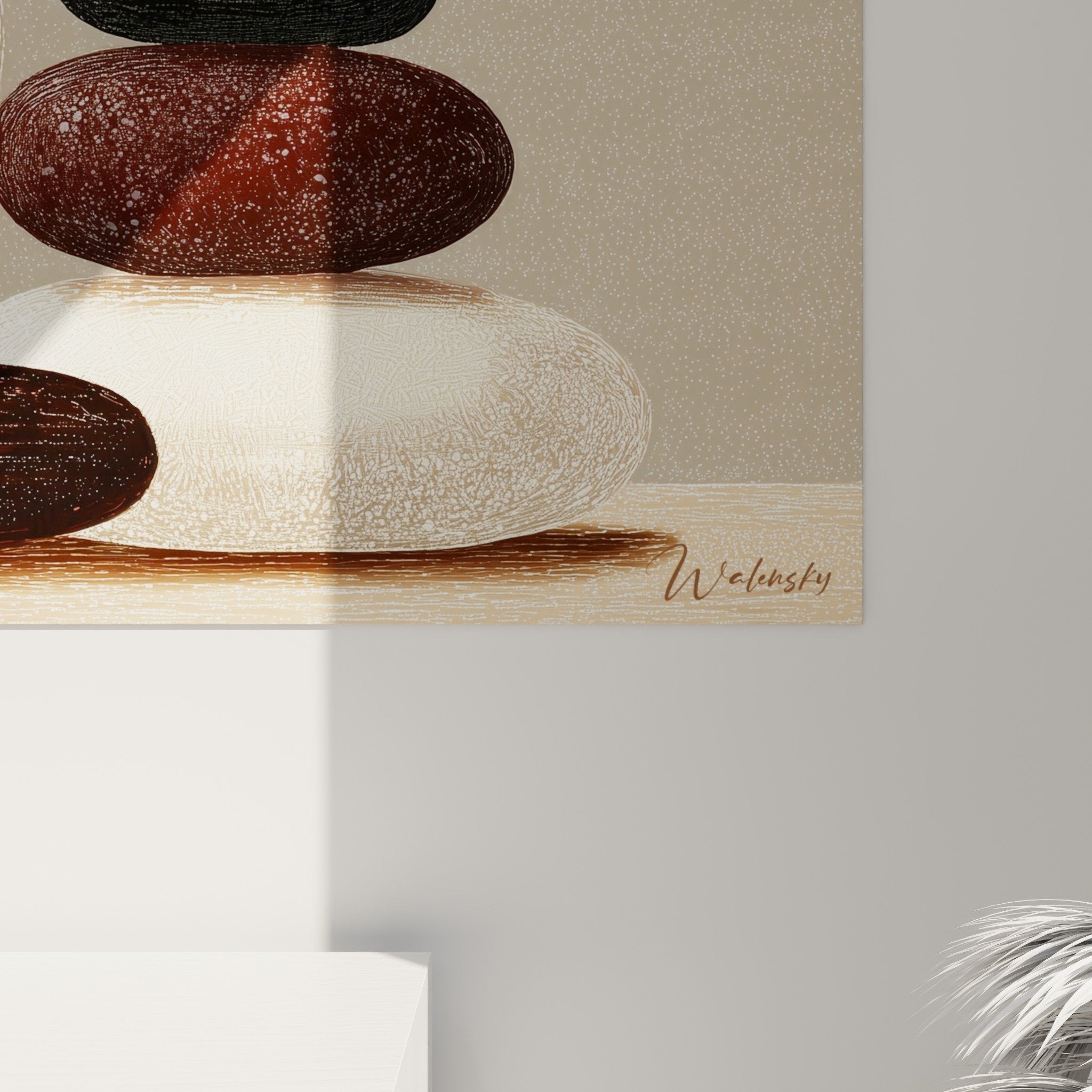 Vue ensemble tableau galets zen decoration murale tons terreux equilibre feng shui centre terre