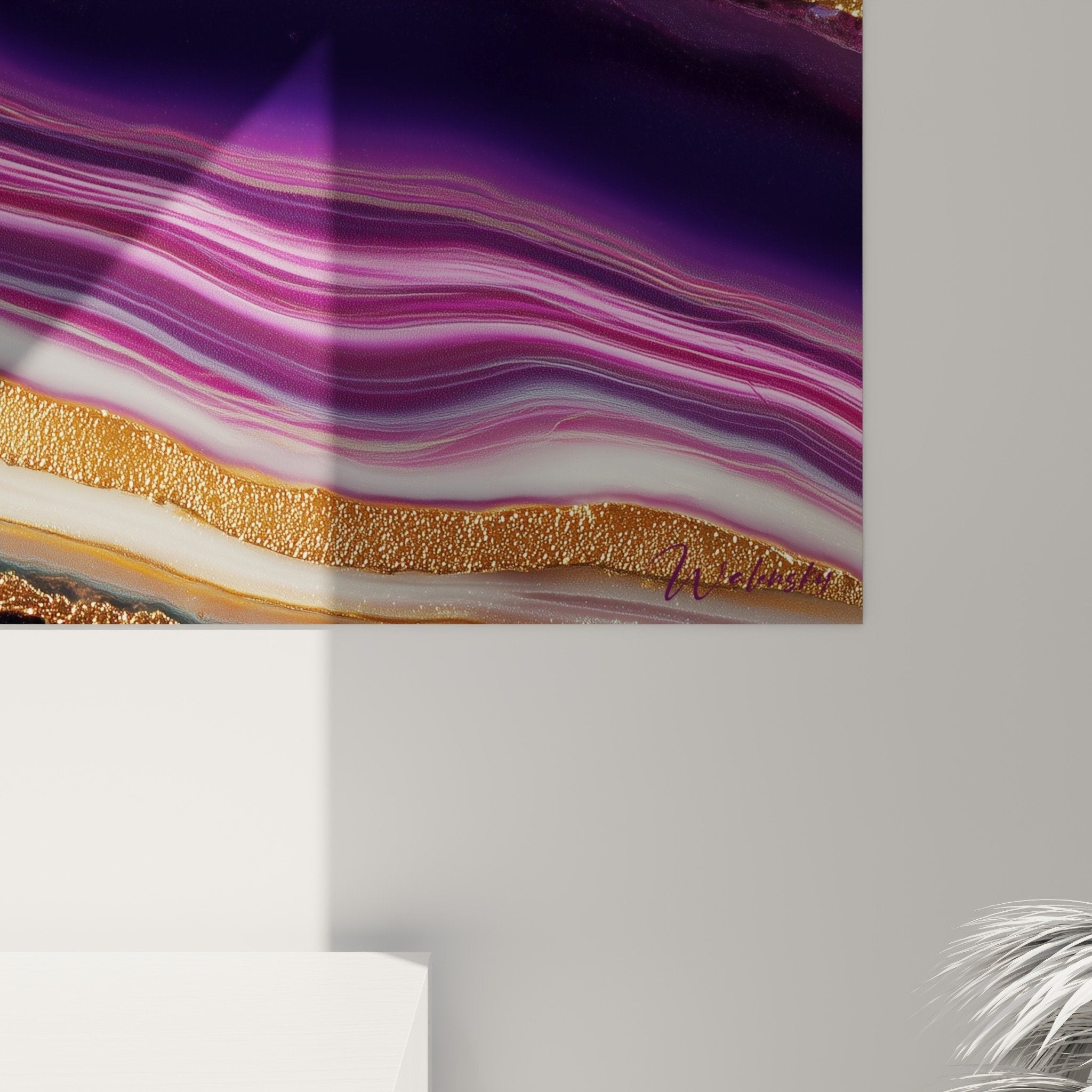 Vue ensemble tableau géode améthyste dorée émeraude décoration murale feng shui