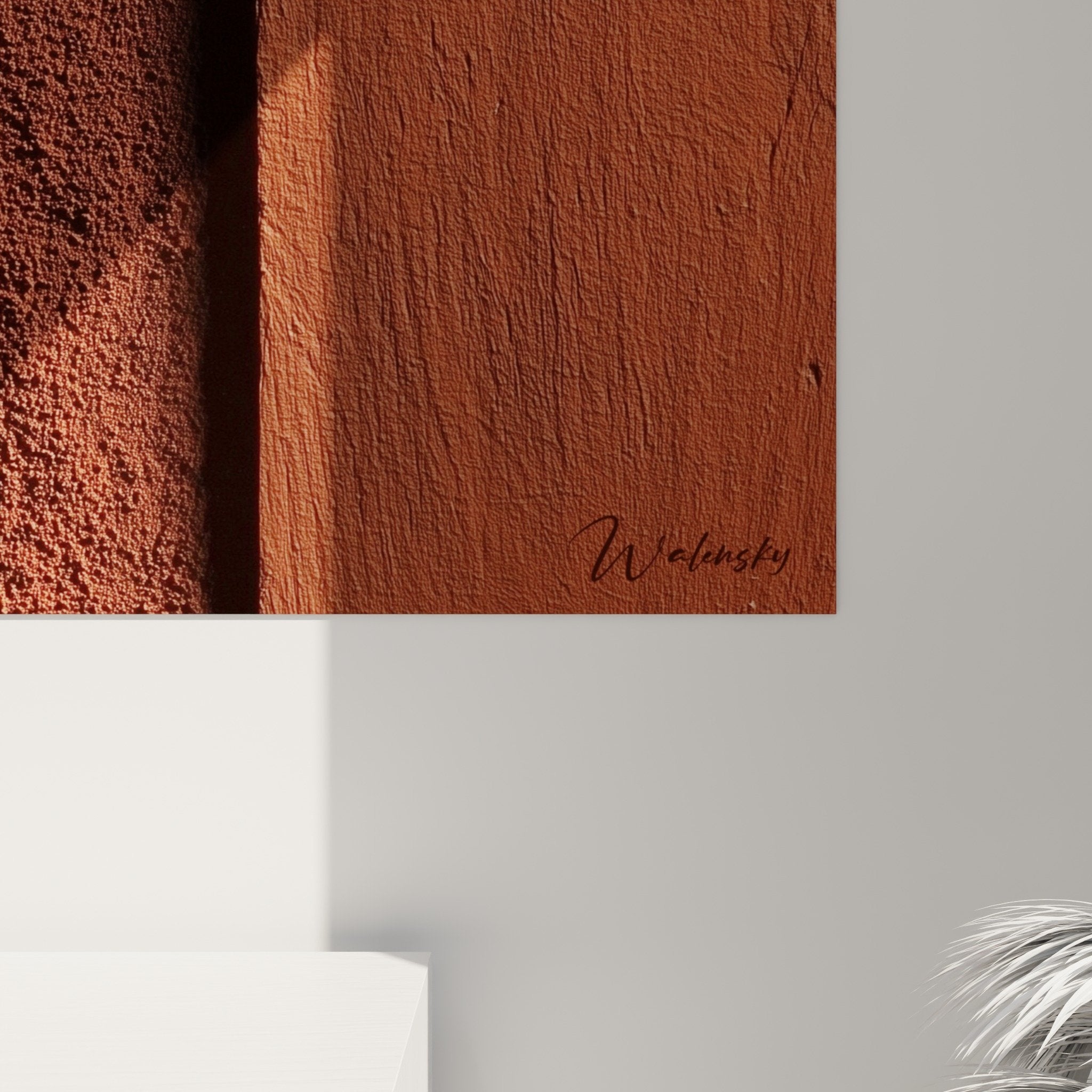 Vue ensemble tableau geometrique terre cuite composition abstraite reliefs ombres lumières