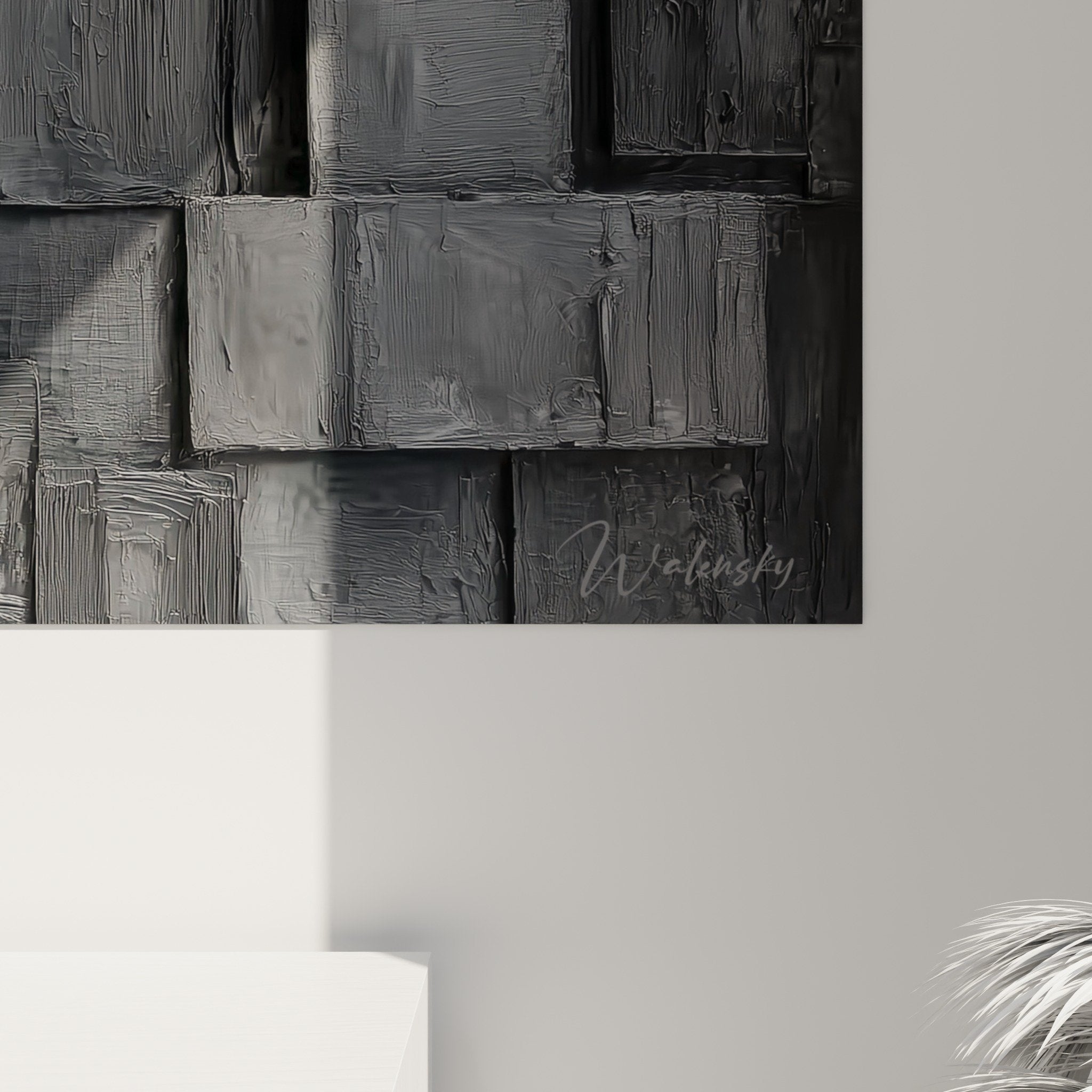 vue ensemble tableau relief geometrique gris metal integration interieur moderne feng shui