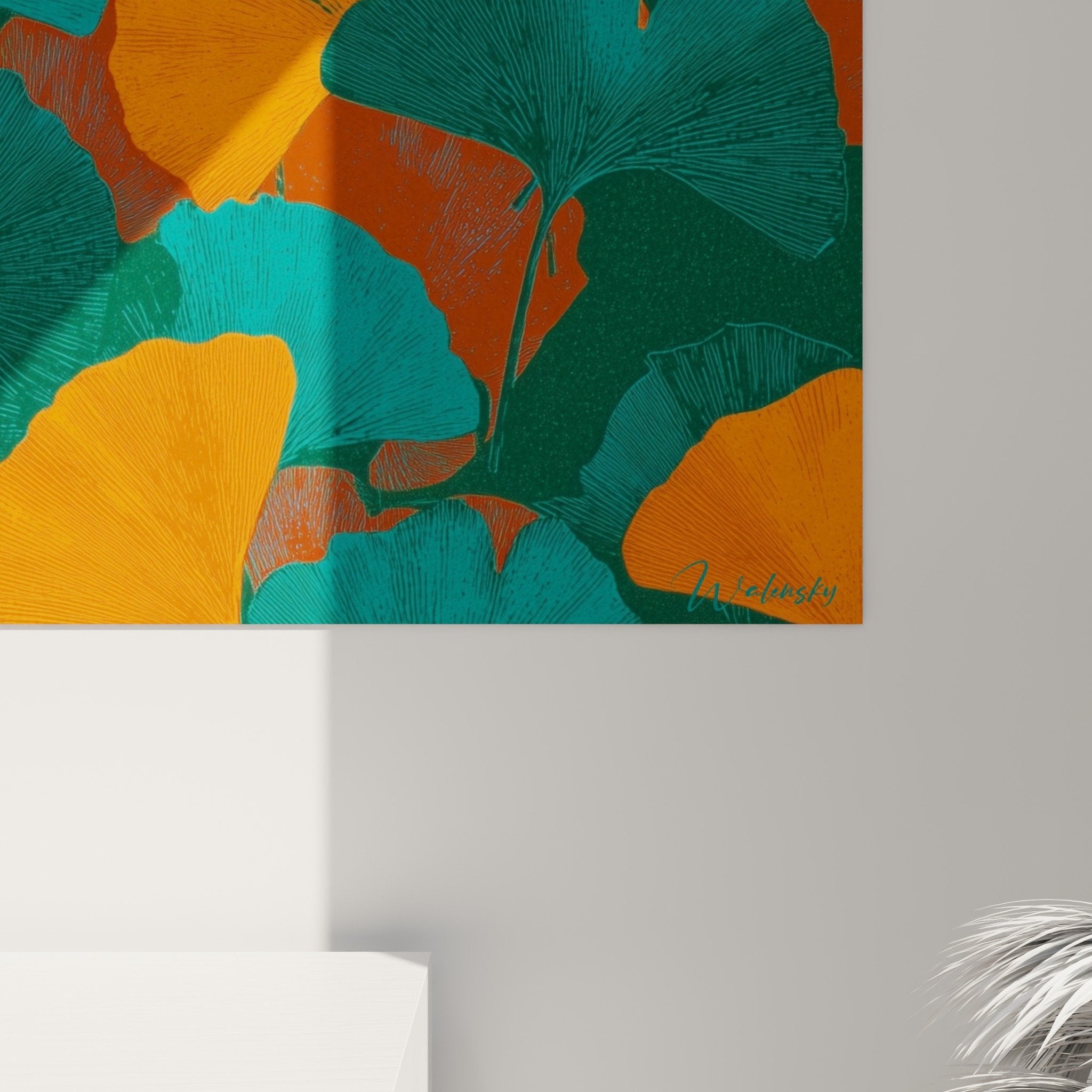 Vue ensemble tableau ginkgo artistique feuilles colorees orange vert turquoise deco moderne