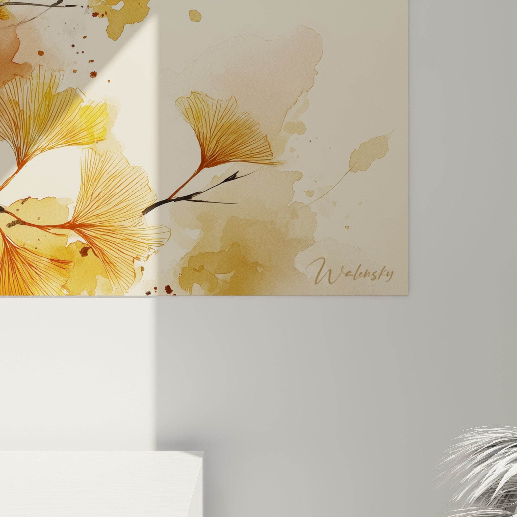 Vue ensemble tableau ginkgo automnal format panoramique tons chauds beige ocre bronze decoration zen