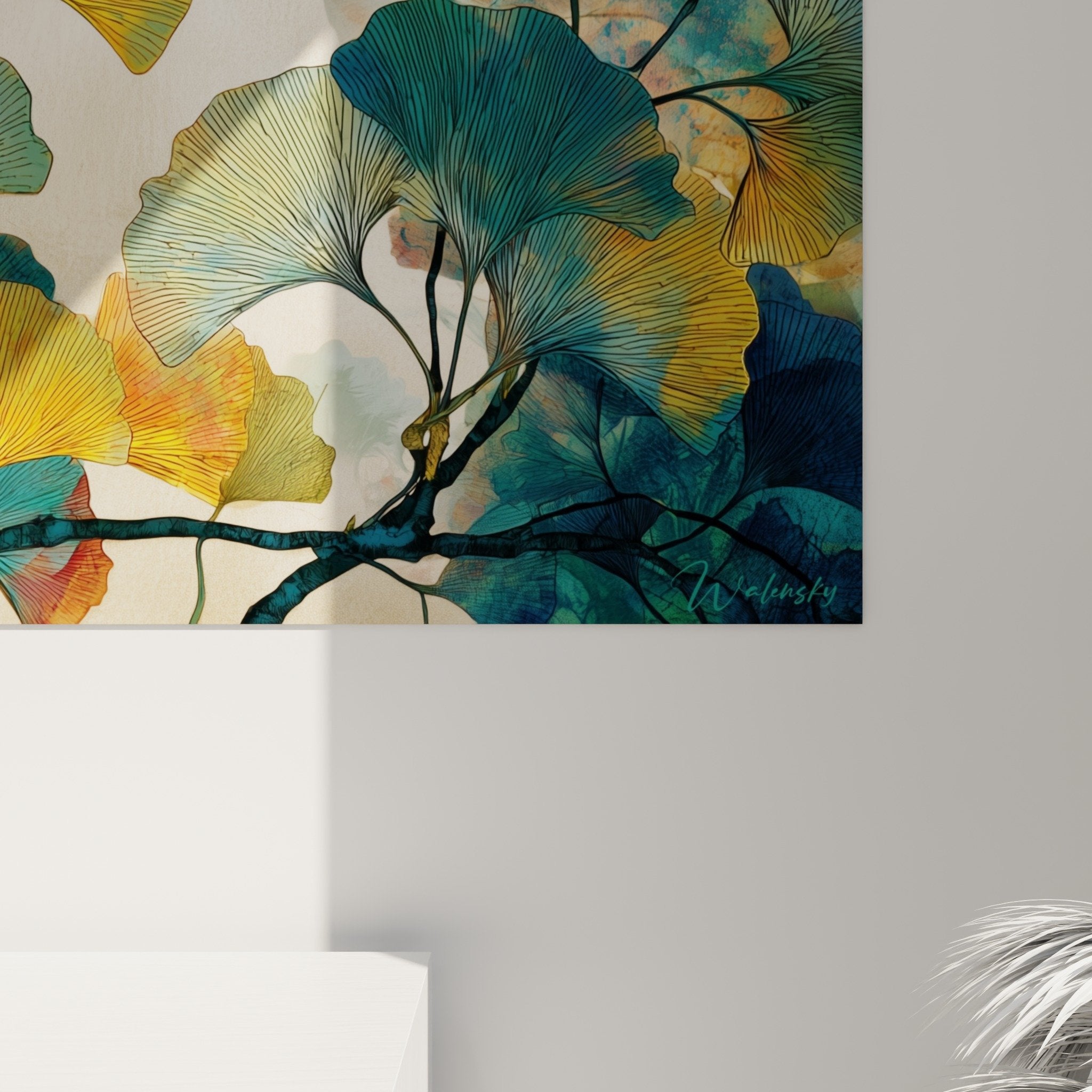 Vue d'ensemble tableau Ginkgo branches élégantes feuilles multicolores art mural nature