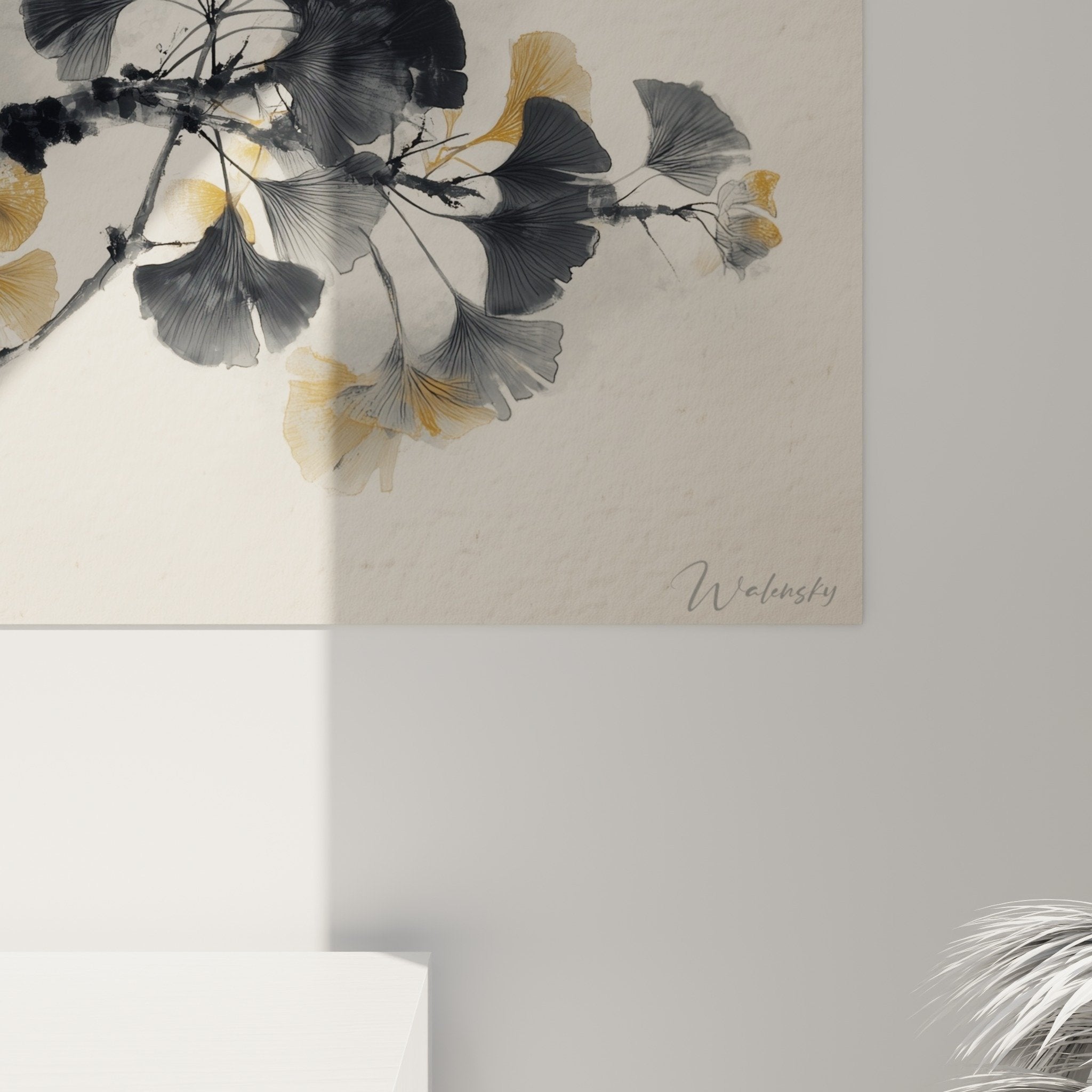 Vue ensemble tableau ginkgo branches style zen japonais decoration murale contemporaine tons neutres dores