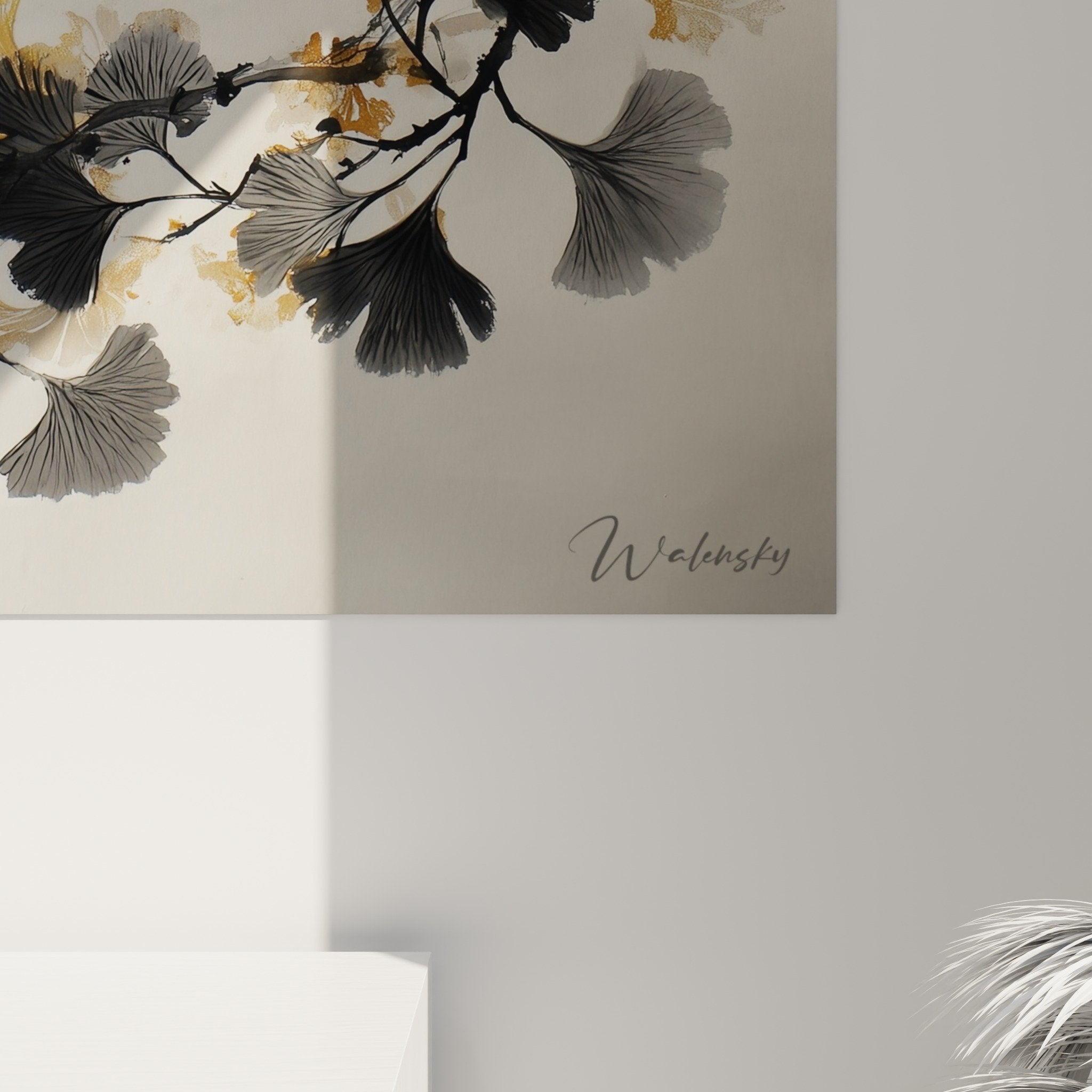 Vue ensemble tableau ginkgo branches diagonales composition asymetrique decoration murale