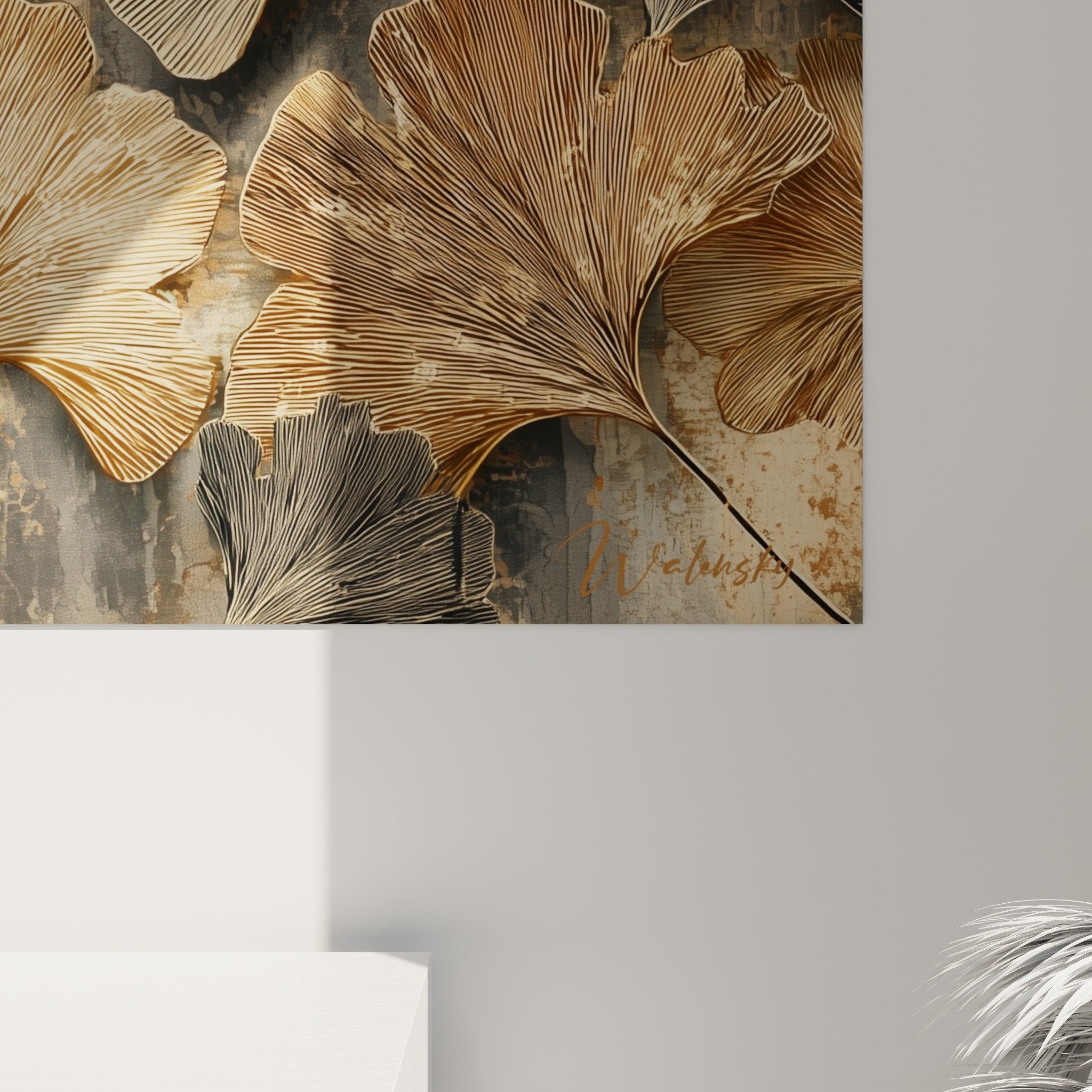 Vue ensemble tableau ginkgo dore composition artistique feuilles superposees decoration murale