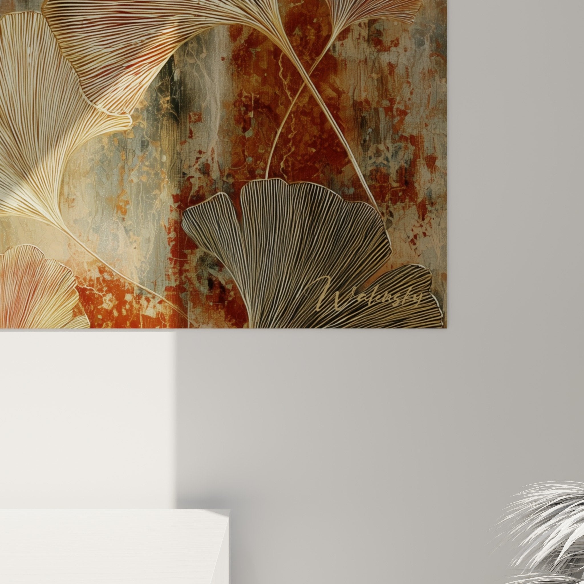 vue ensemble tableau ginkgo feuilles dorees fond oxyde composition artistique