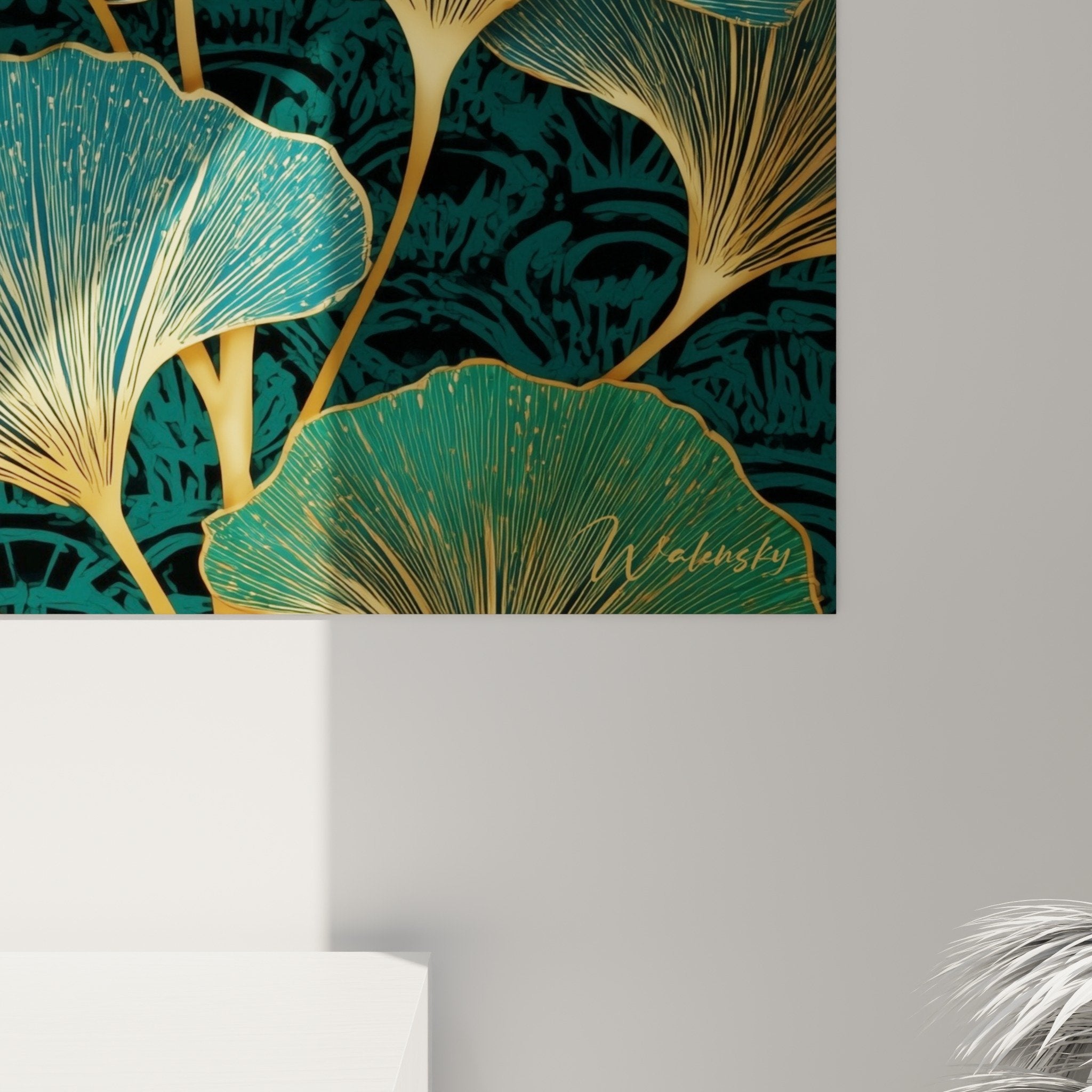 Vue ensemble tableau ginkgo dore turquoise composition vegetale sophisticated moderne