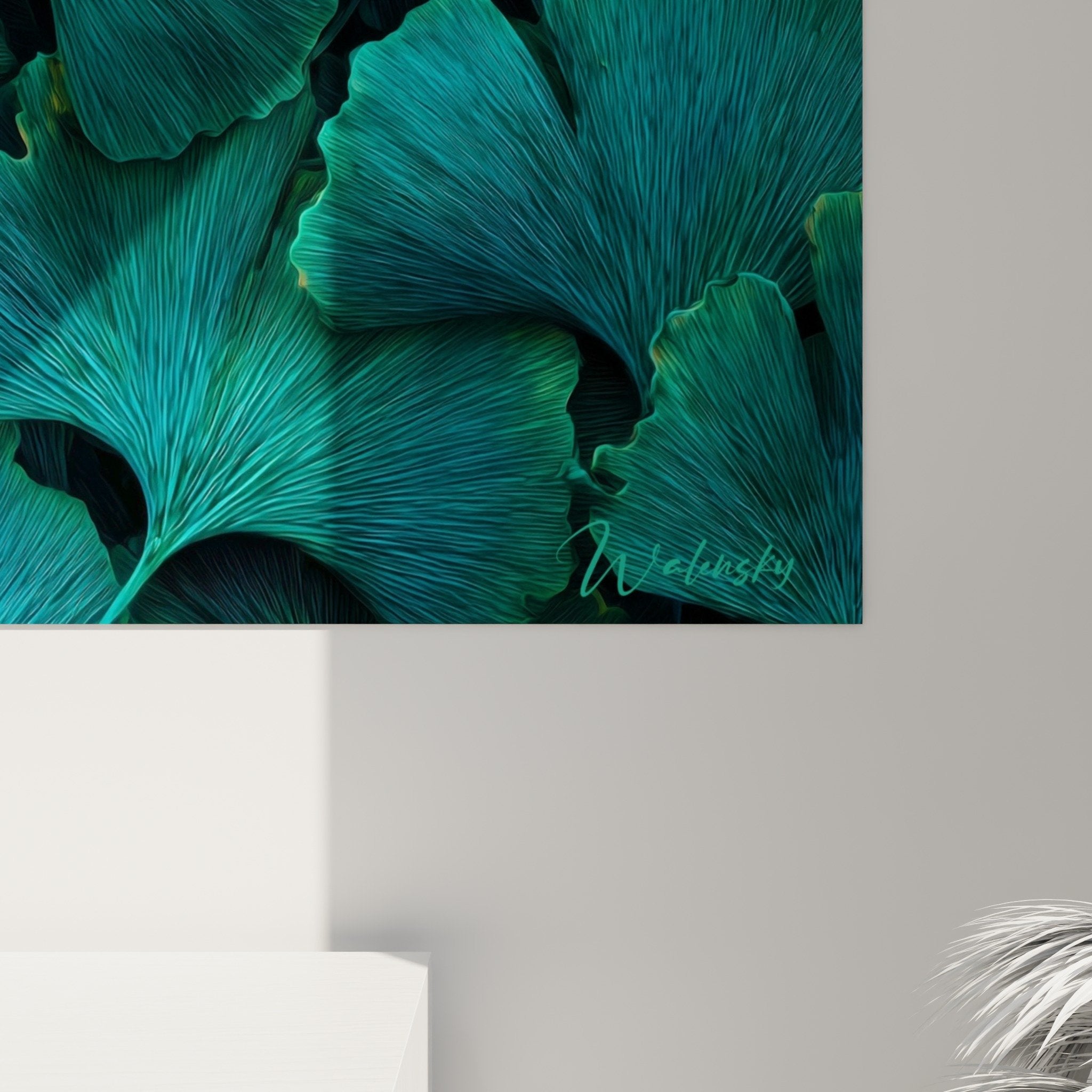 Vue ensemble tableau ginkgo feuillage dore turquoise decoration murale style contemporain art naturel interieur