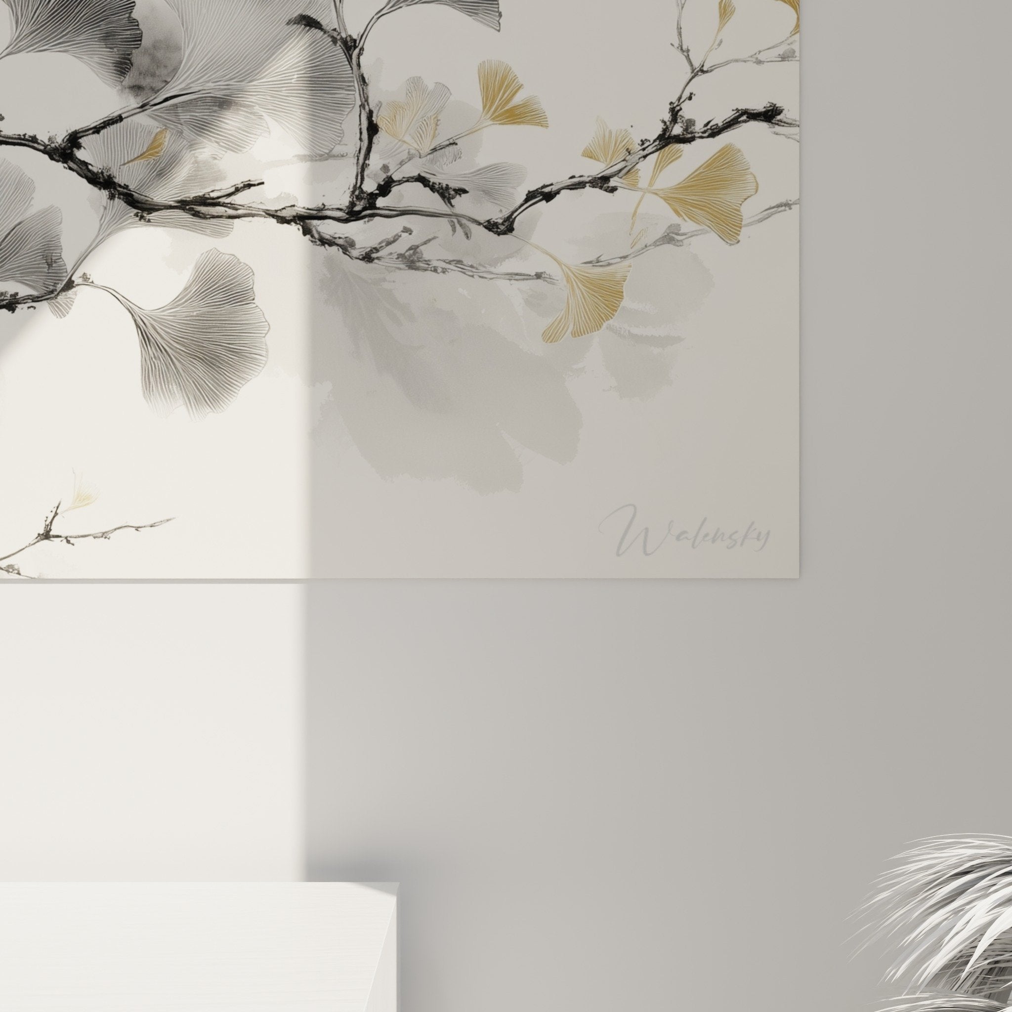 Gesamtansicht horizontales Ginkgo-Gemälde schwarz grau gold moderne minimalistische Wanddekoration