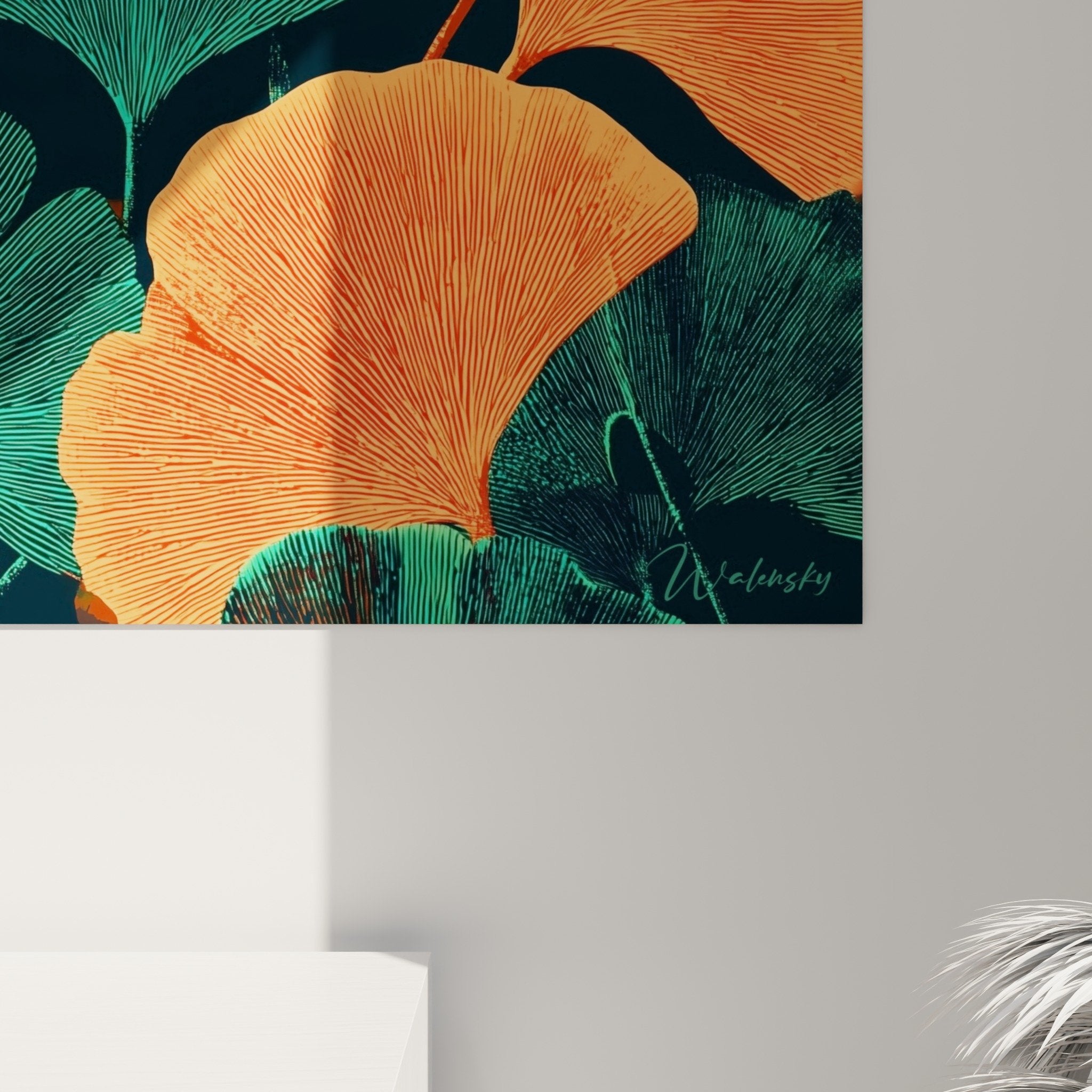 Gesamtansicht des Panorama-Gemäldes Ginkgo Orange Türkis modernes Wohnzimmer Wanddekoration