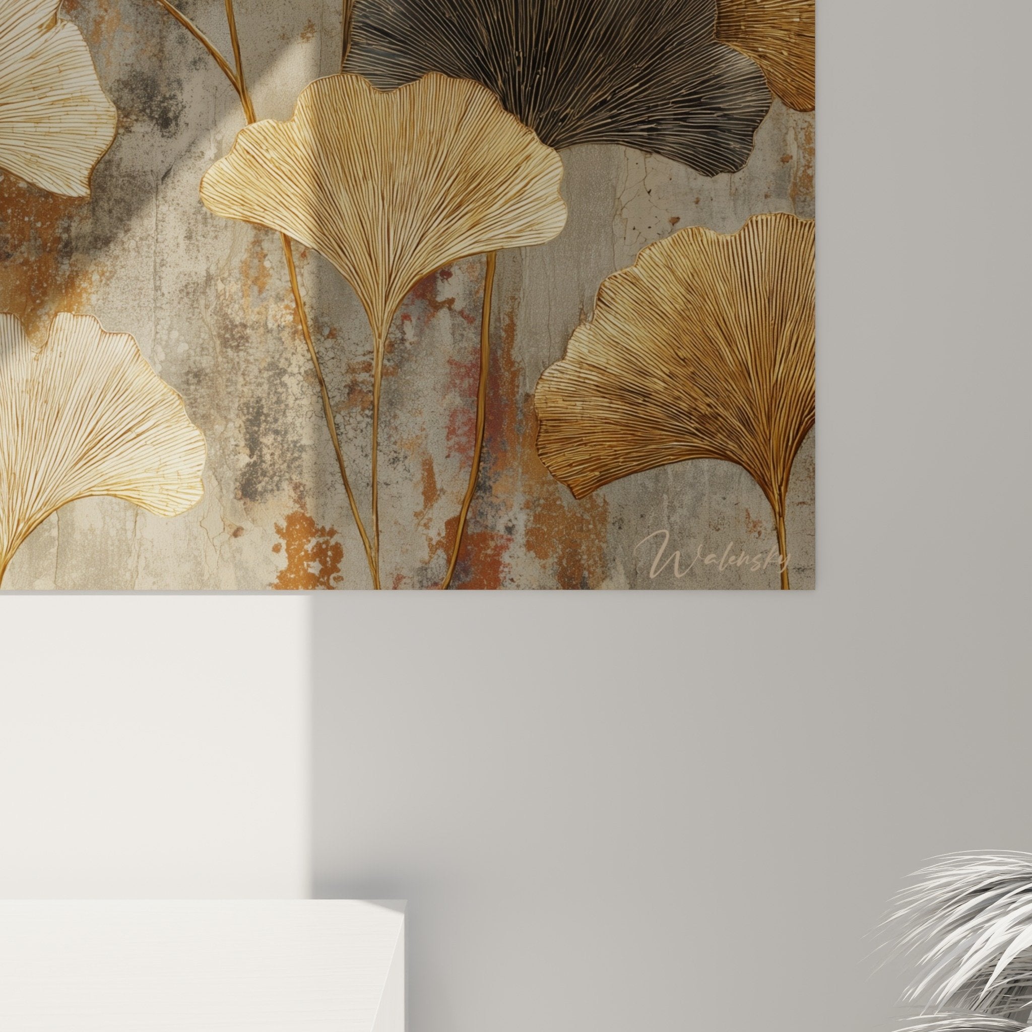 Vue ensemble tableau ginkgo palette chromatique doree grise fond vintage patine decoration murale