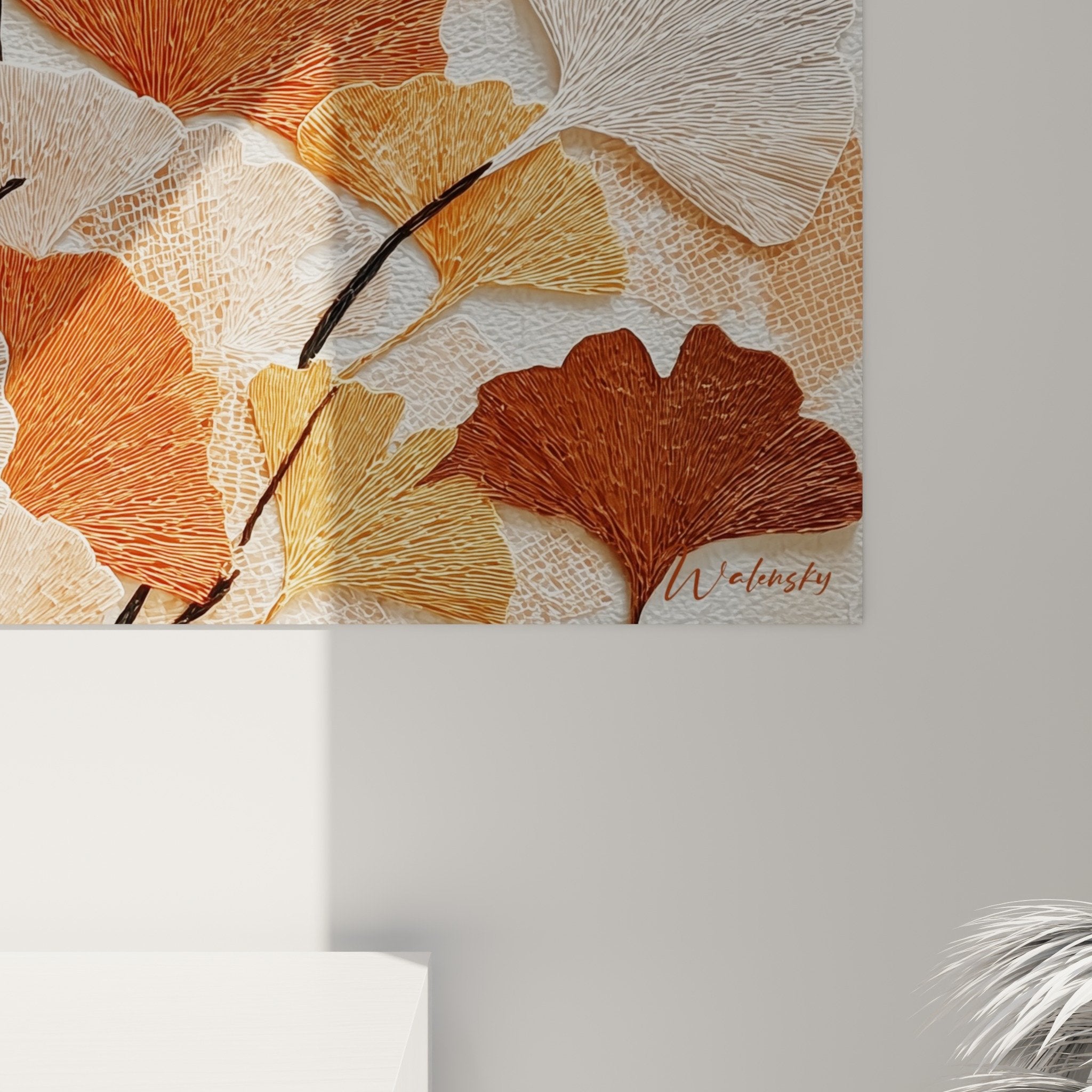 Vue ensemble tableau ginkgo format panoramique decoration murale moderne
