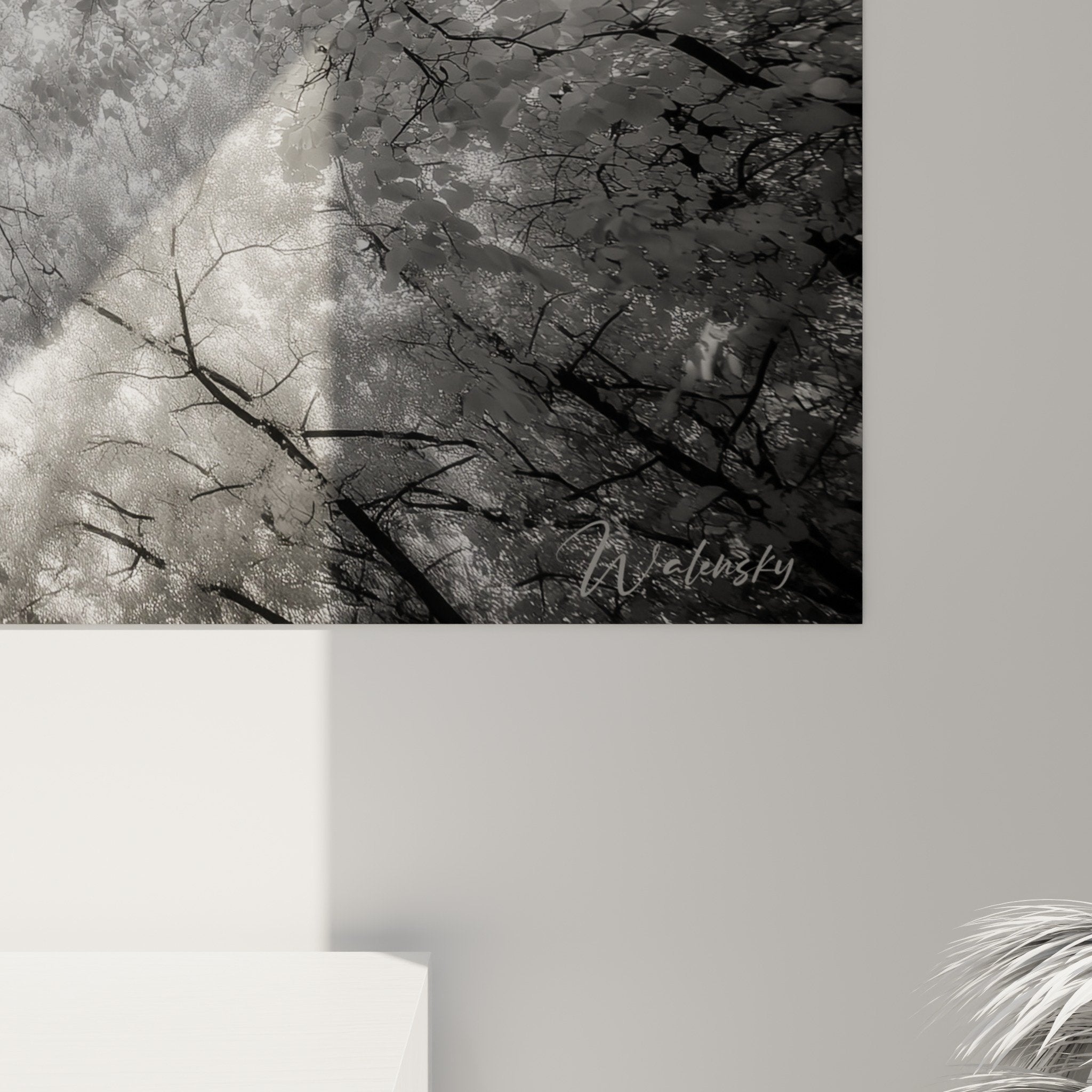 vue ensemble tableau ginkgo perspective ascendante noir blanc decoration interieure