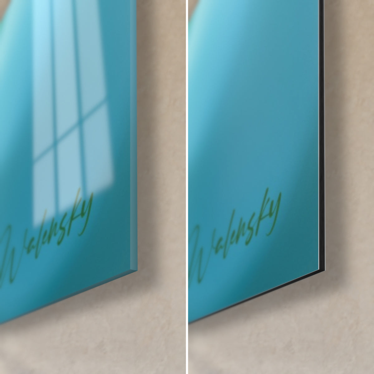 Gemälde goldener Ginkgo auf türkisem Hintergrund, untere rechte Ecke: glänzendes Acrylglas links, matte Dibond-Aluminium und schwarze Kante rechts