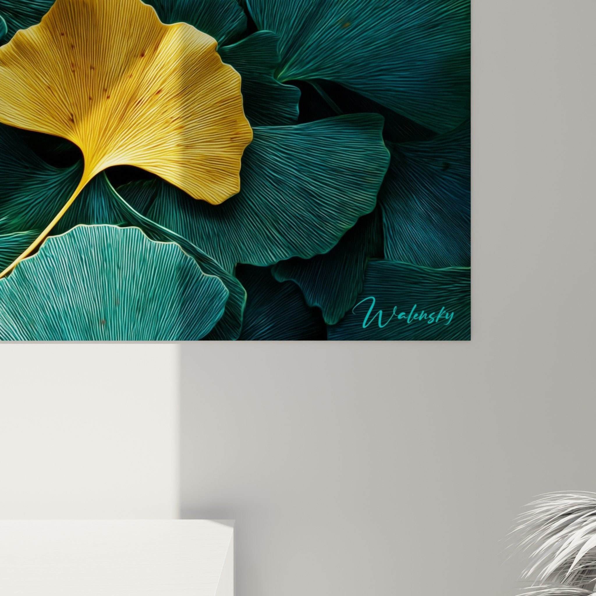 Vue ensemble tableau ginkgo palette turquoise et or ambiance decorative salon contemporain