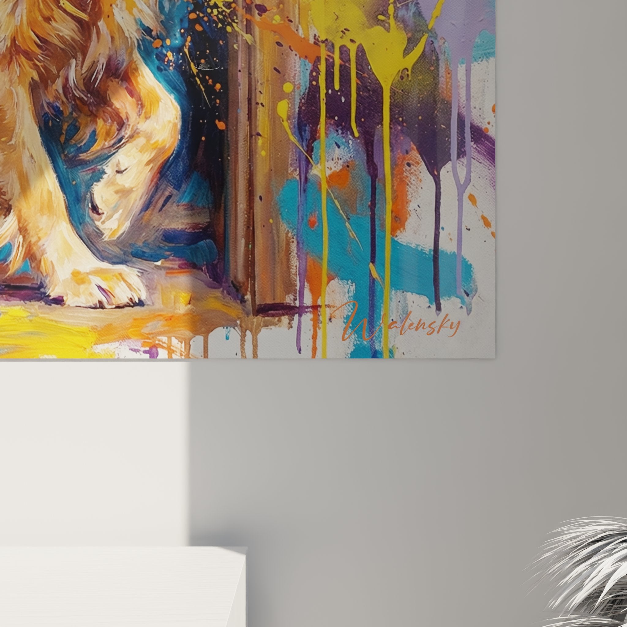 vue ensemble tableau golden retriever art mural coloré decoration interieur contemporain