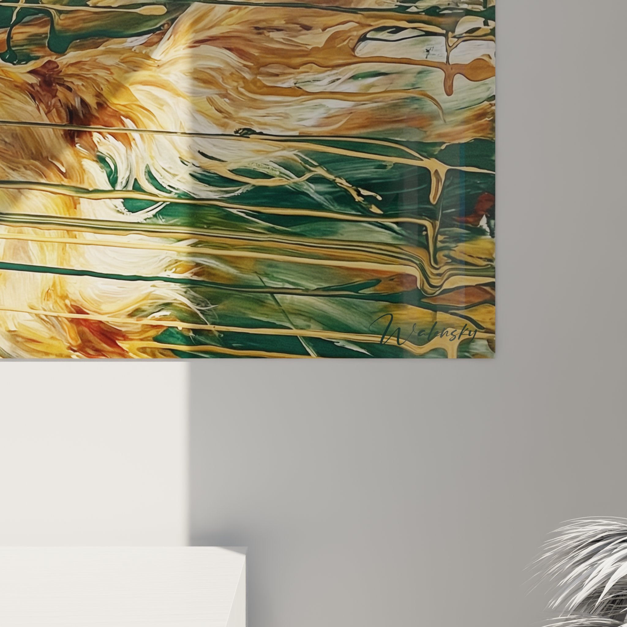 Vue d'ensemble tableau Golden Retriever dynamique, composition horizontale aux tons dorés et aquatiques