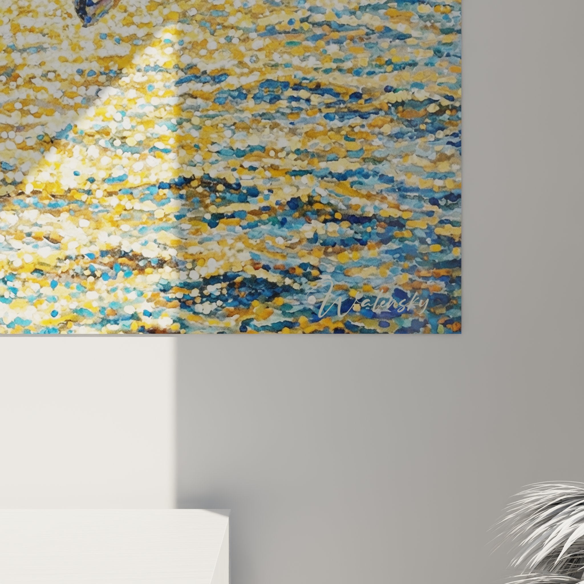 Gesamtansicht Golden Retriever Gemälde springt ins glitzerndes Wasser moderne helle Innenraumdekoration