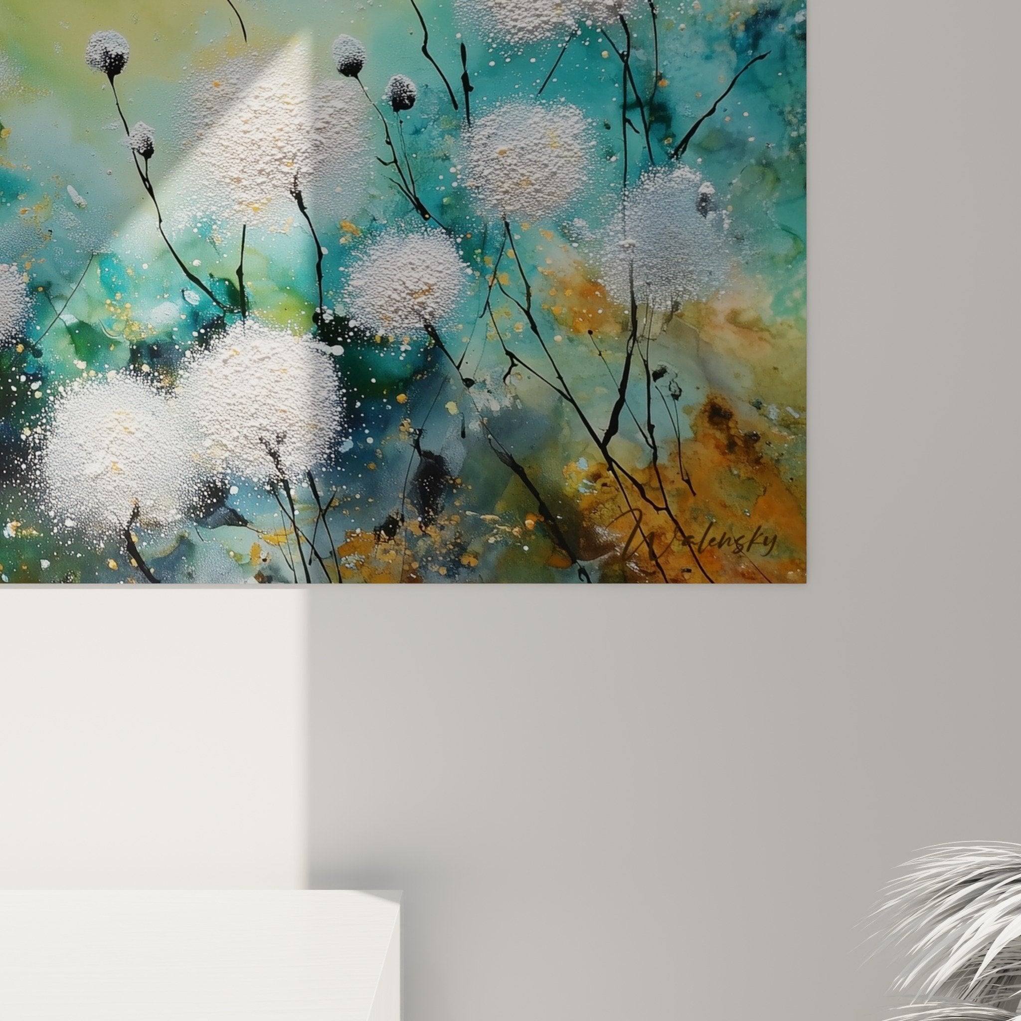Vue d'ensemble tableau graminées tons turquoise blanc, composition horizontale florale contemporaine pour intérieur