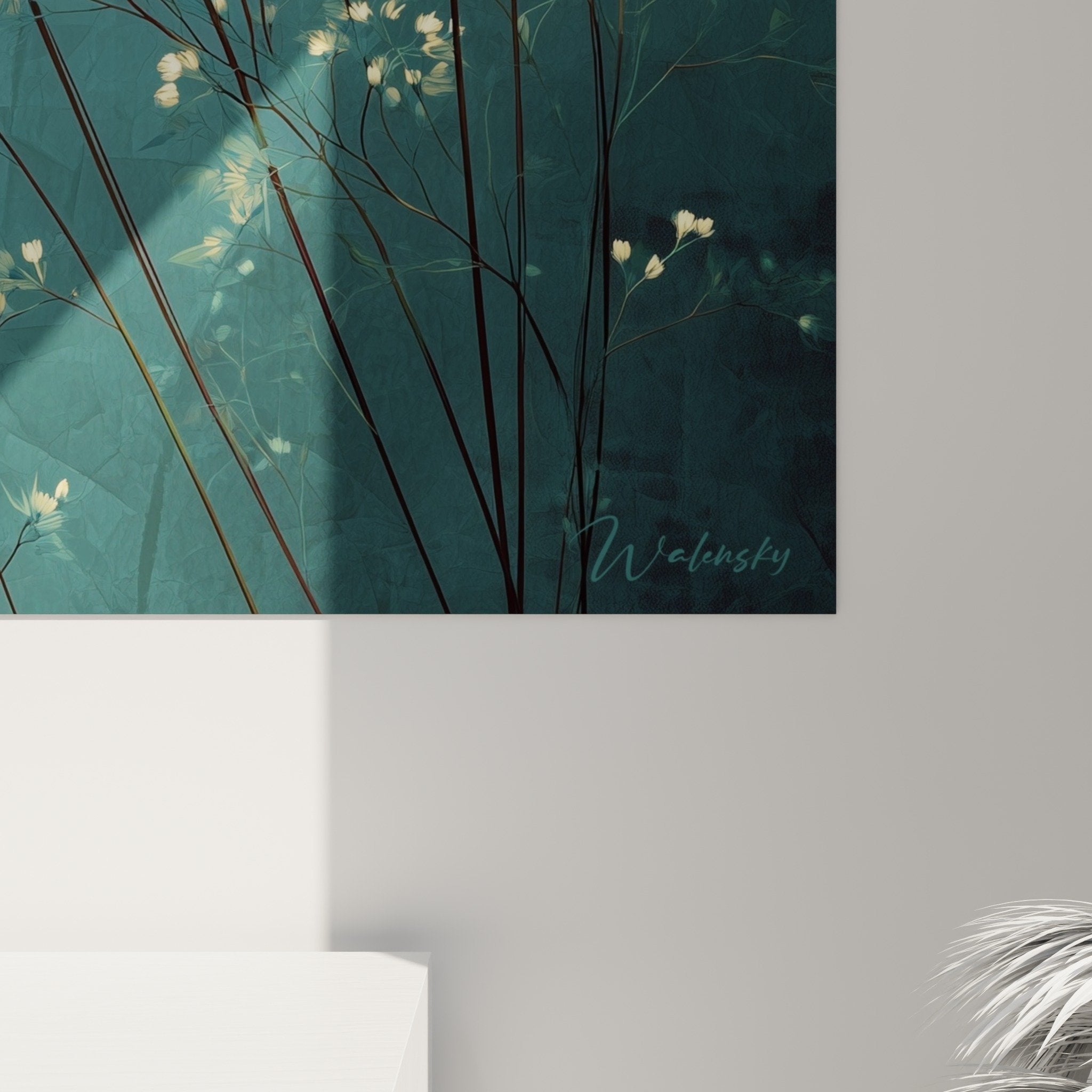 Vue ensemble tableau graminées herbes sauvages decoration interieur nature turquoise dore