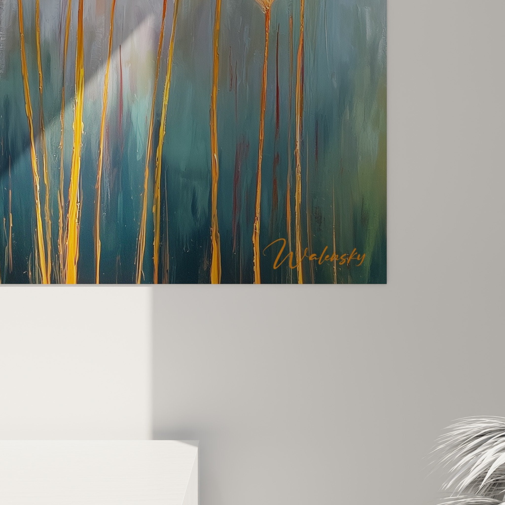 Vue perspective tableau graminées plumes colorées sur mur, rendu décoratif salon moderne