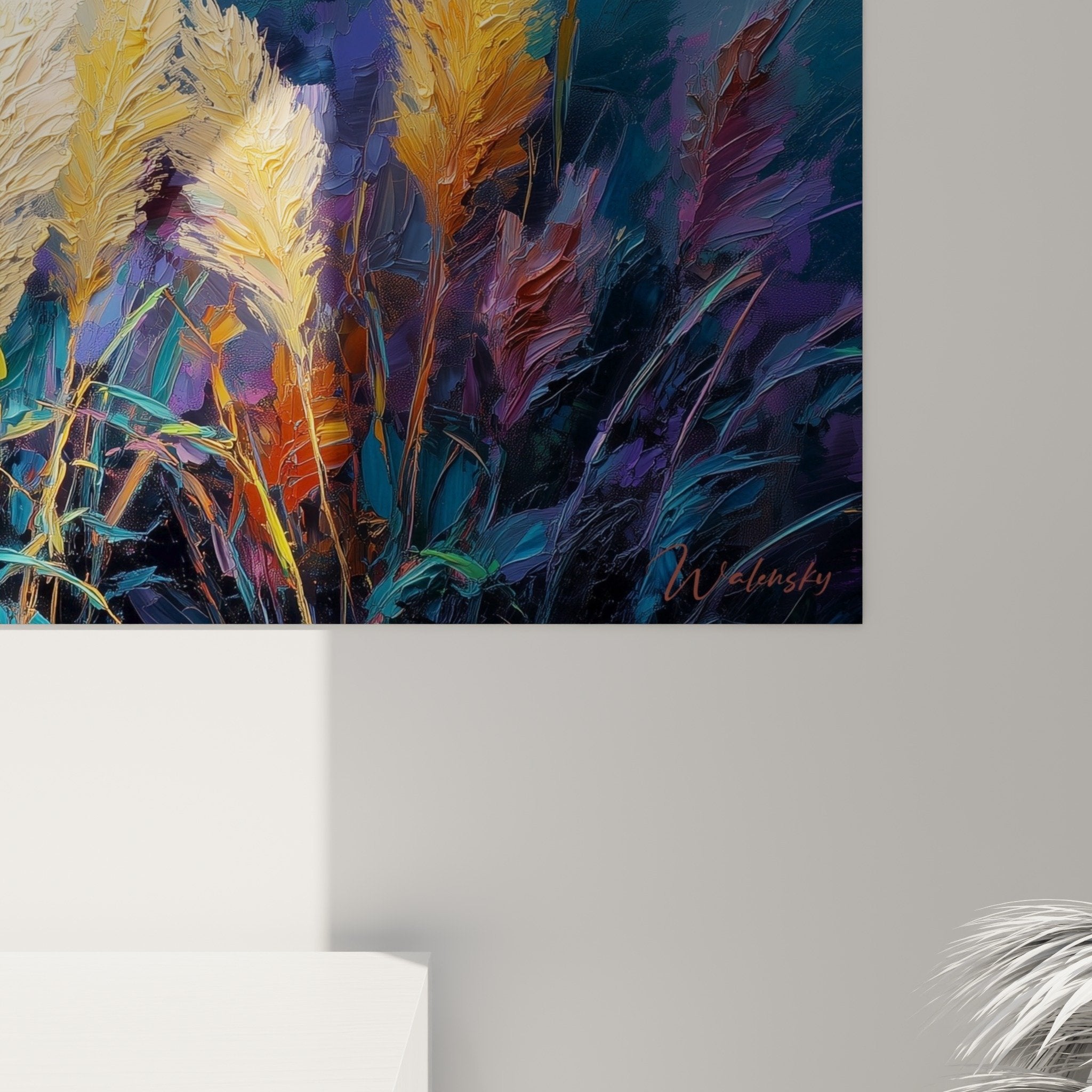 Vue ensemble tableau graminées plumes dorées turquoise salon décoration murale nature moderne