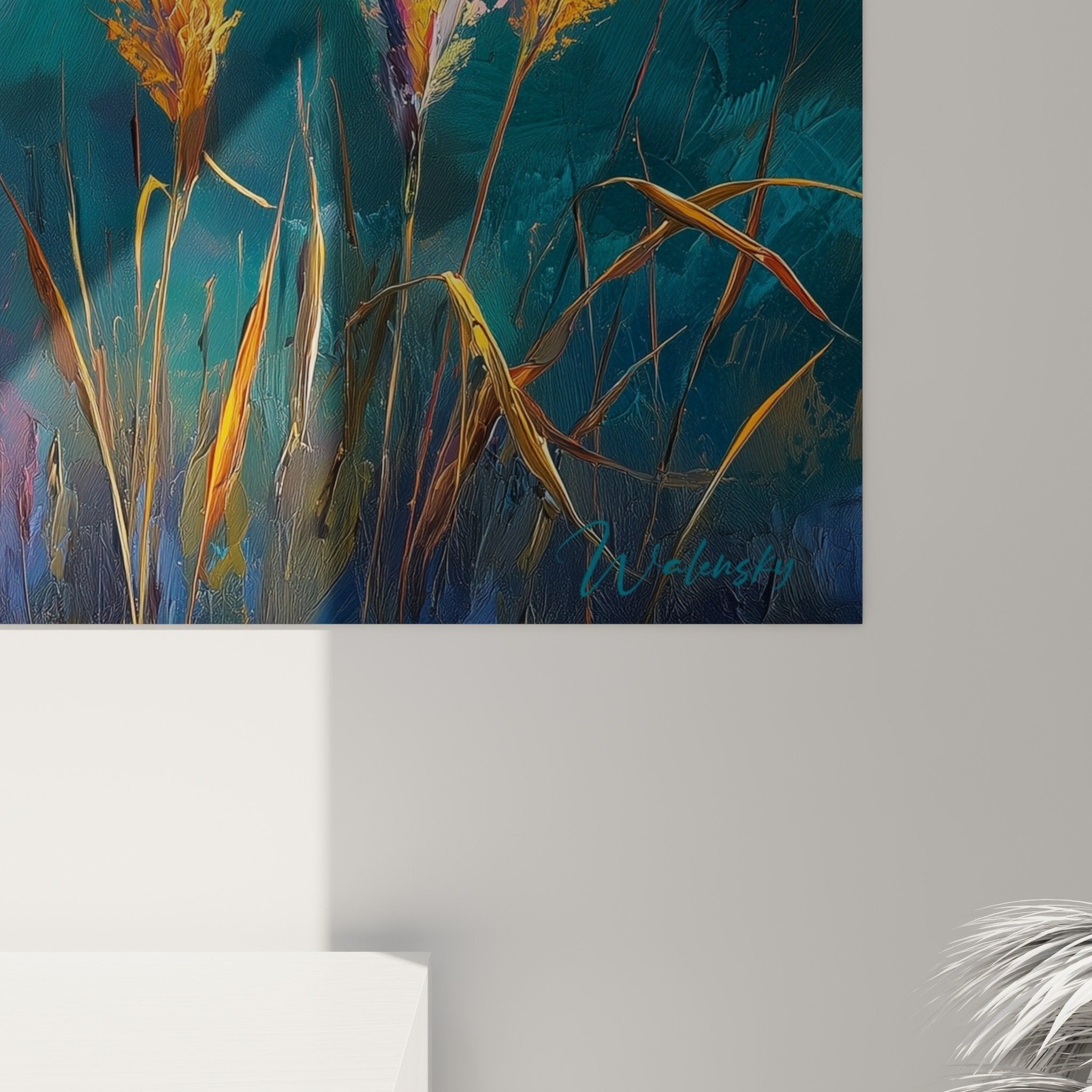 Overall view of grass artwork living room wall decoration with warm tones and blue contrasting colors