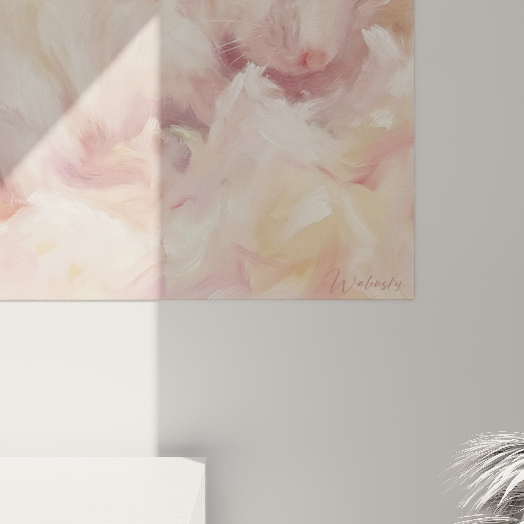 vue ensemble tableau hamster blanc rose cadre decoration murale style impressionniste