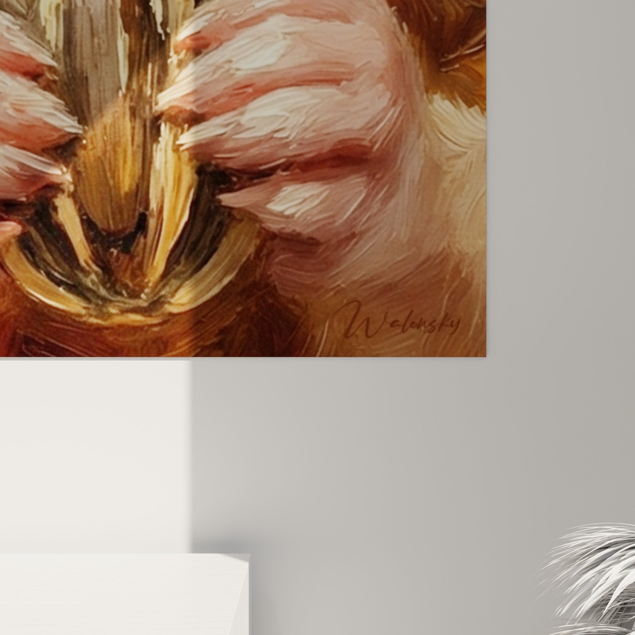 Gesamtansicht Hamster Gemälde goldene Wand Innenraumdekoration Gemütlichkeit Bernsteintöne