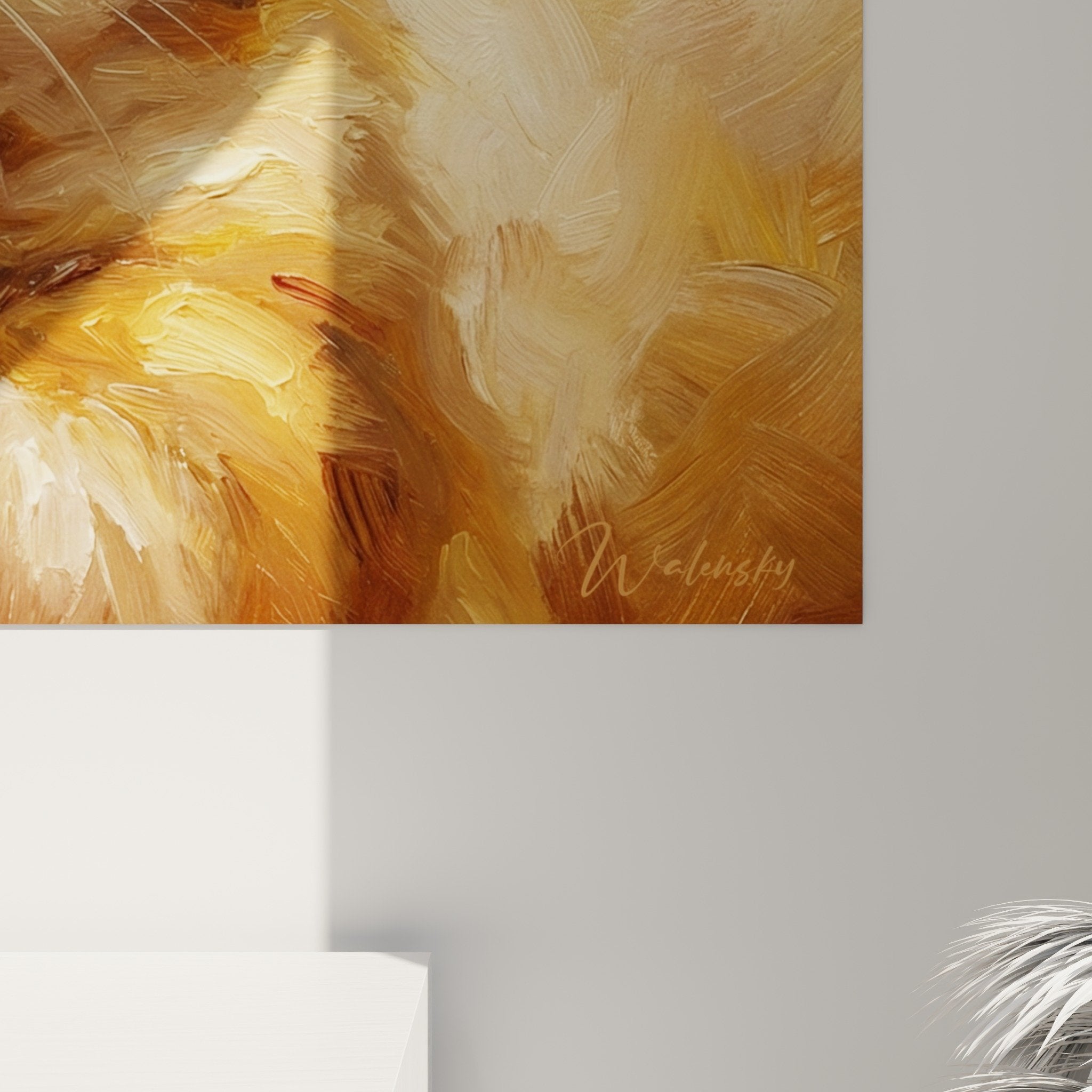 Gesamtansicht dekoratives Hamster-Gemälde in Gold an der Wand, Wohnzimmer, Schlafzimmer, Tierkunstwerk in beigen und orangefarbenen Tönen, gemütliche Atmosphäre