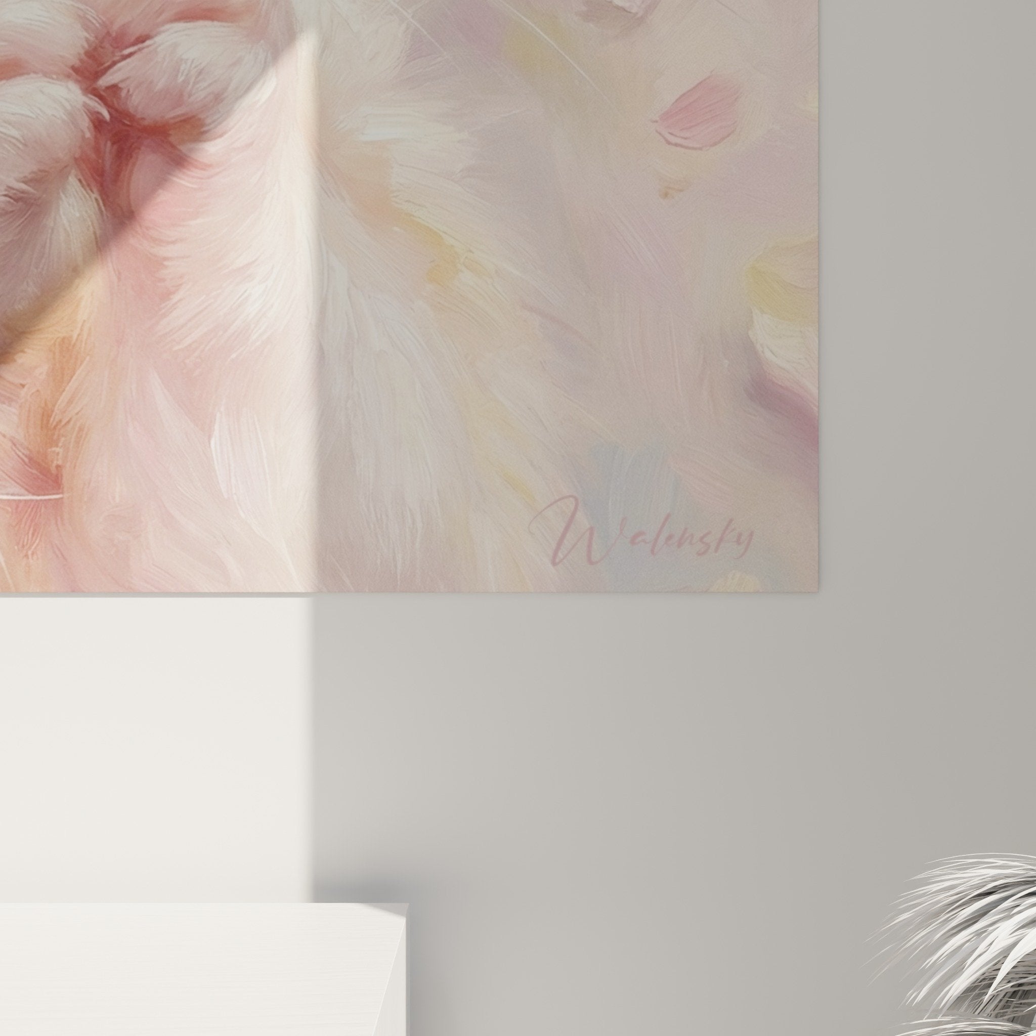 Gesamtansicht Hamster-Gemälde schlafender Hamster Rosen rosa-goldene Palette künstlerische Blumenkomposition Hamster-Edition