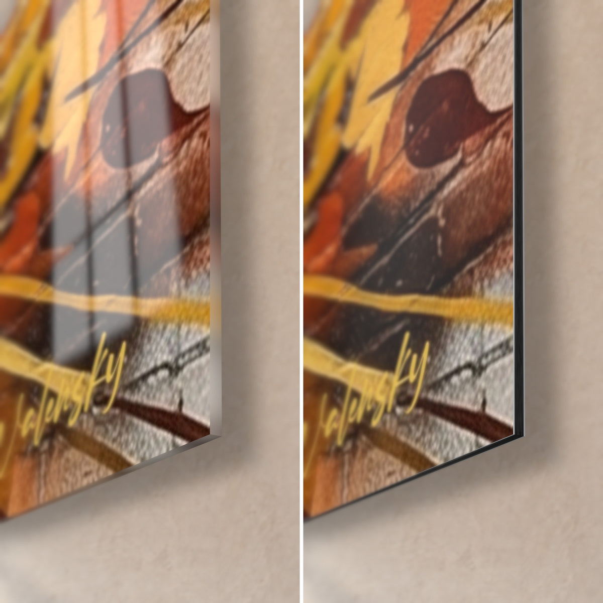 Gemälde Igel in Nahaufnahme, Signatur unten rechts in Gold: glänzendes Acrylglas links, mattschwarzes Dibond rechts