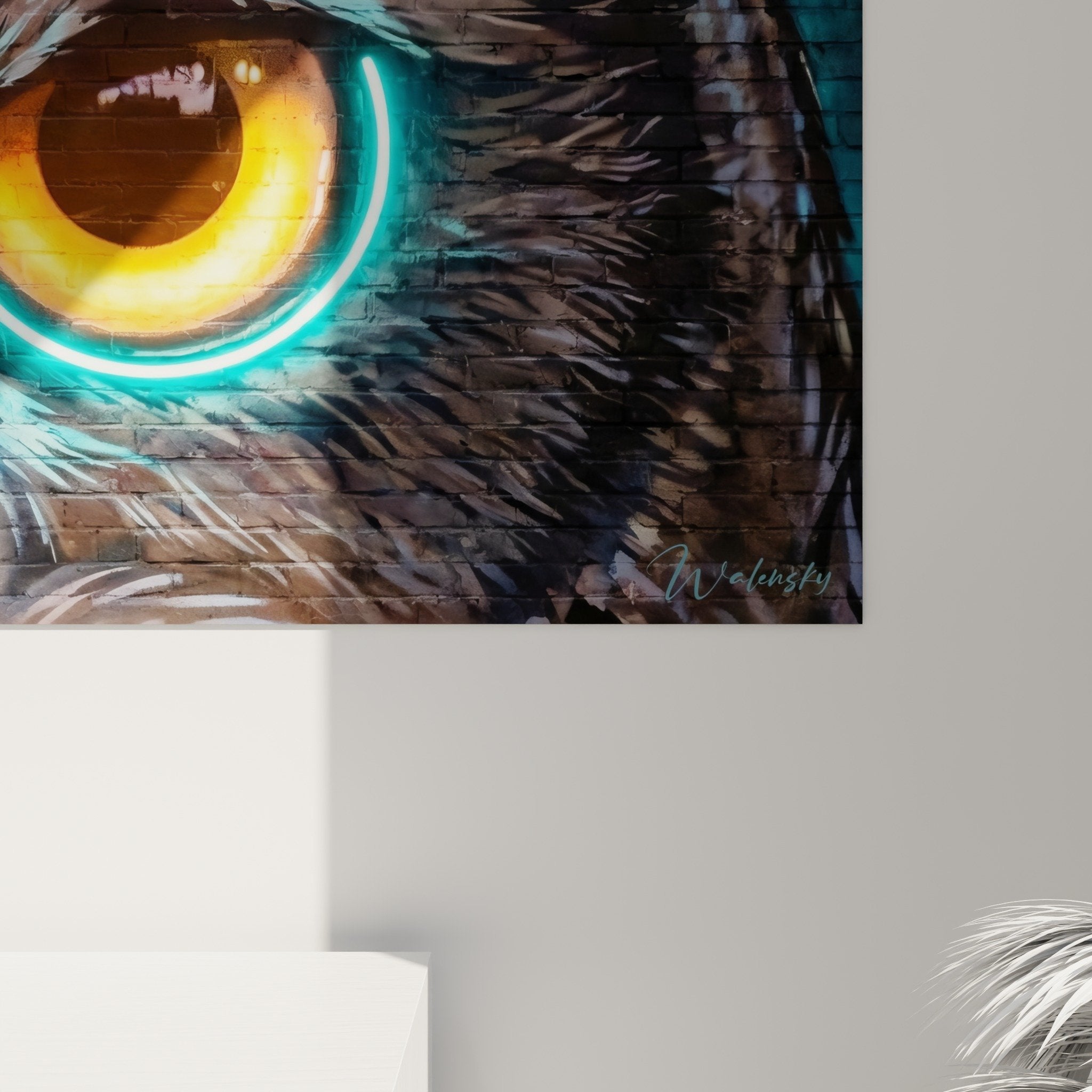 Gesamtansicht Wandbild Eule Neon Orange Türkis moderne Dekoration Street Art Fluo