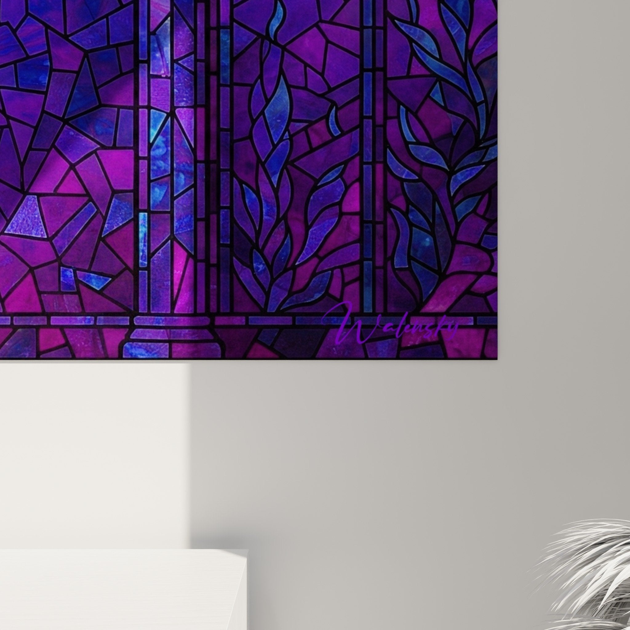 Vue ensemble tableau hippocampe mosaique architecture gothique piliers ornes tons violets bleus