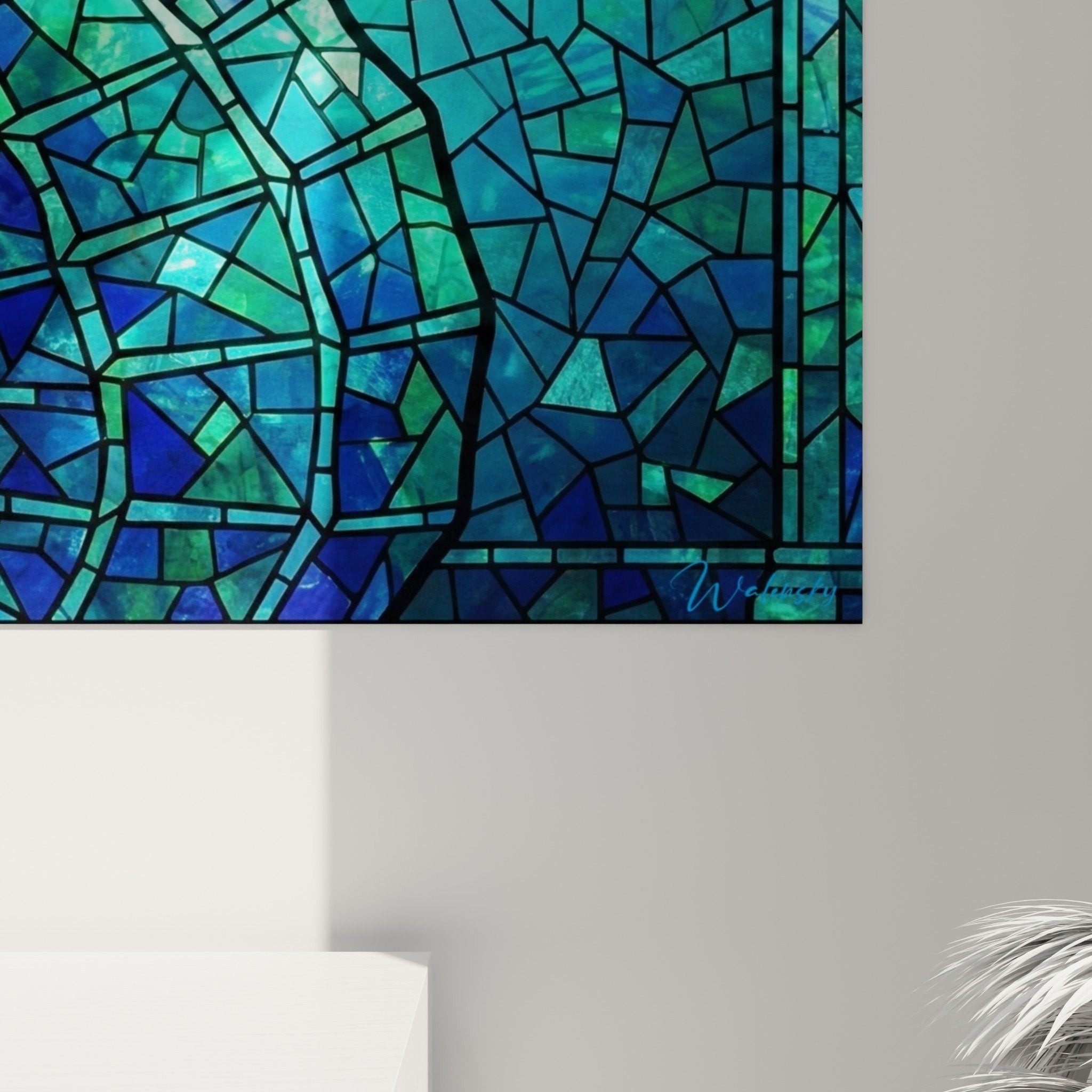 Vue ensemble tableau hippocampe mosaique decoration murale art marin bleu turquoise
