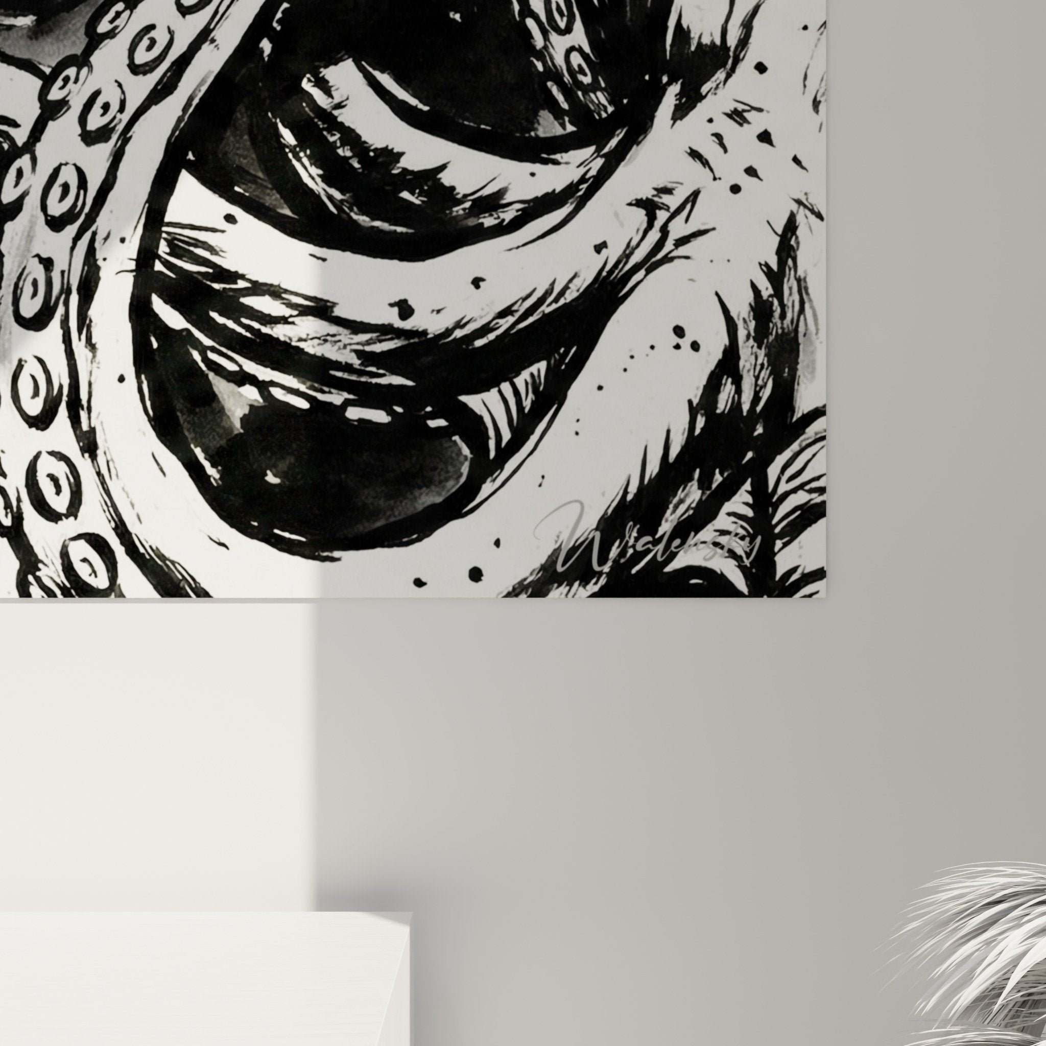 Gesamtansicht Hummer-Kunstwerk Schwarzweiß Wanddekoration modernes Wohnzimmer zeitgenössische Atmosphäre