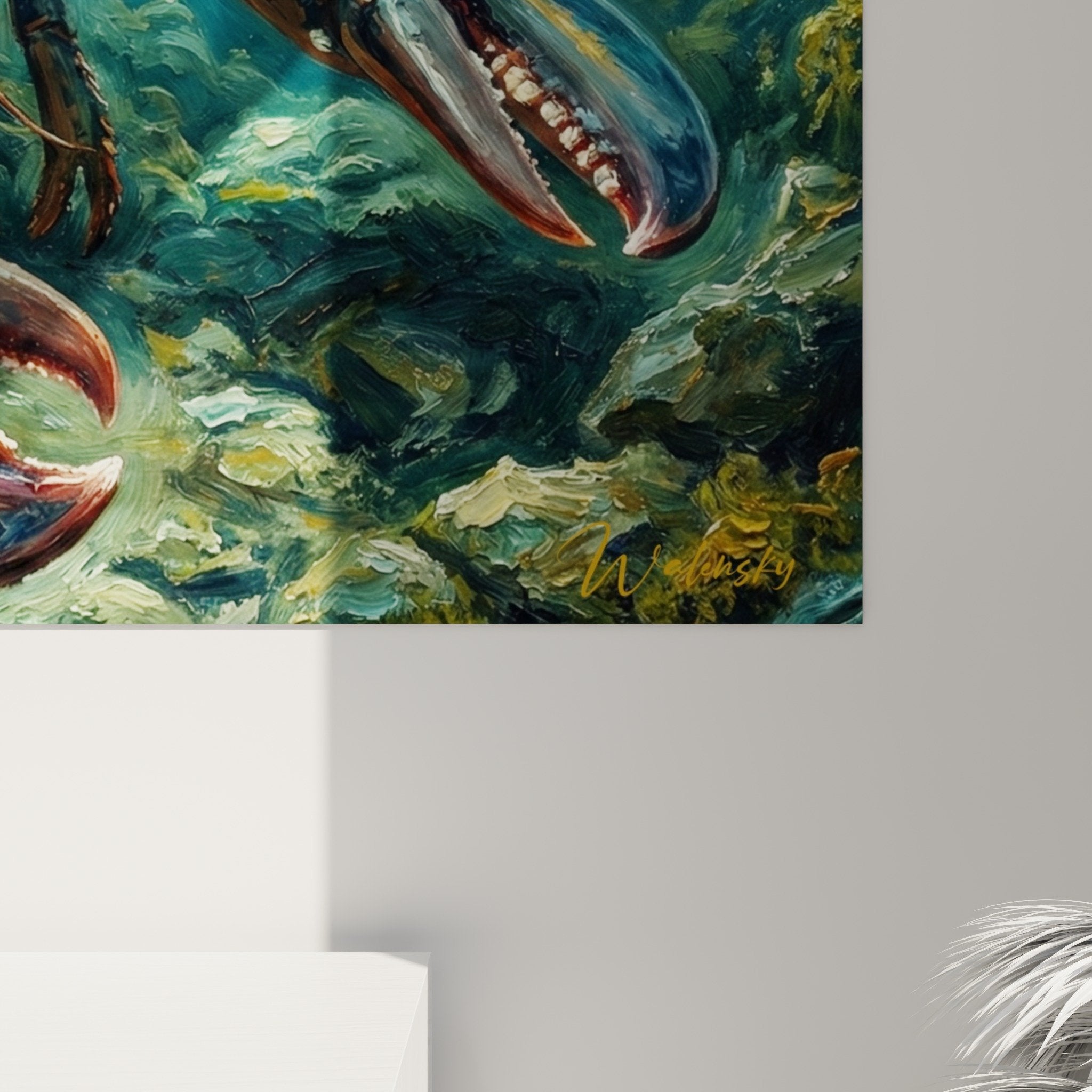 Gesamtansicht Hummer-Wandbild ozeanischer Wohnzimmerdekoration marine Wandkunst türkis und gold