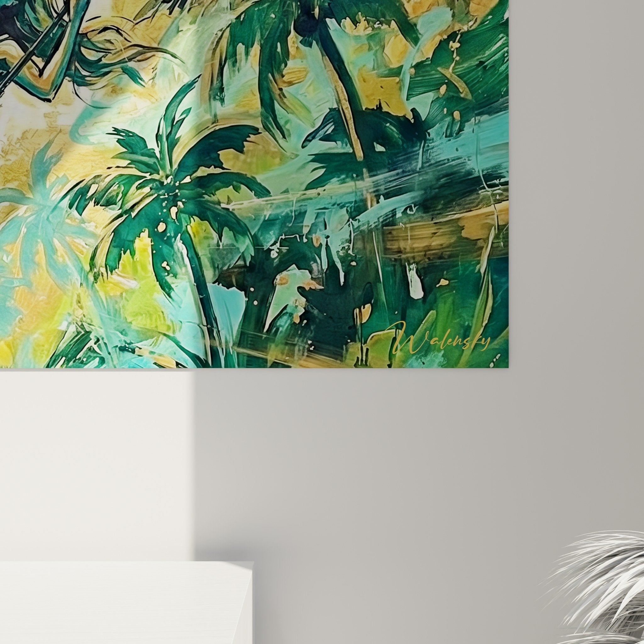 Vue ensemble tableau horizontal acrobate tropical turquoise dore dans interieur contemporain