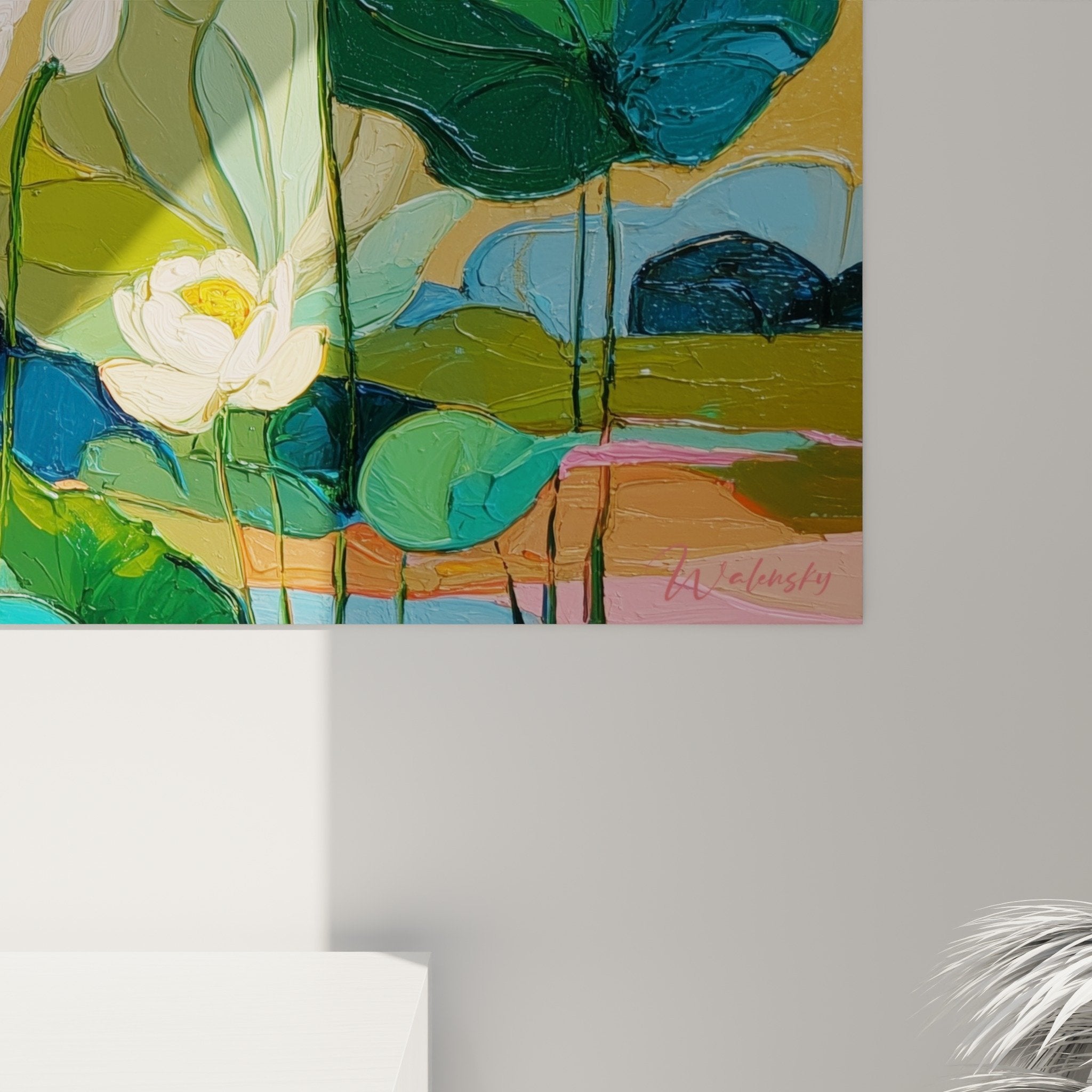 Vue ensemble tableau horizontal lotus blancs turquoise deco nature zen