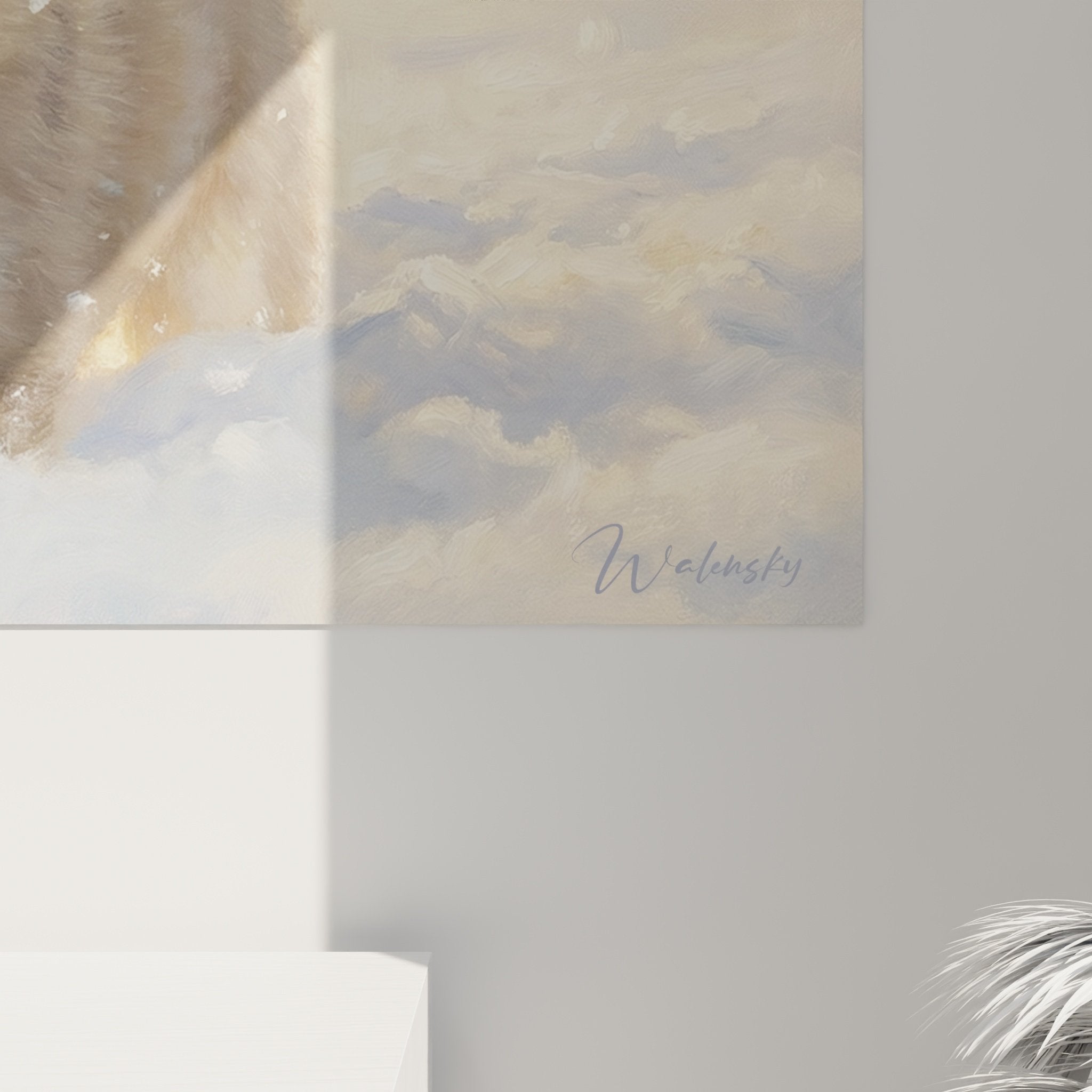 Vue ensemble tableau husky chiot neige doree decoration interieure art animalier mural