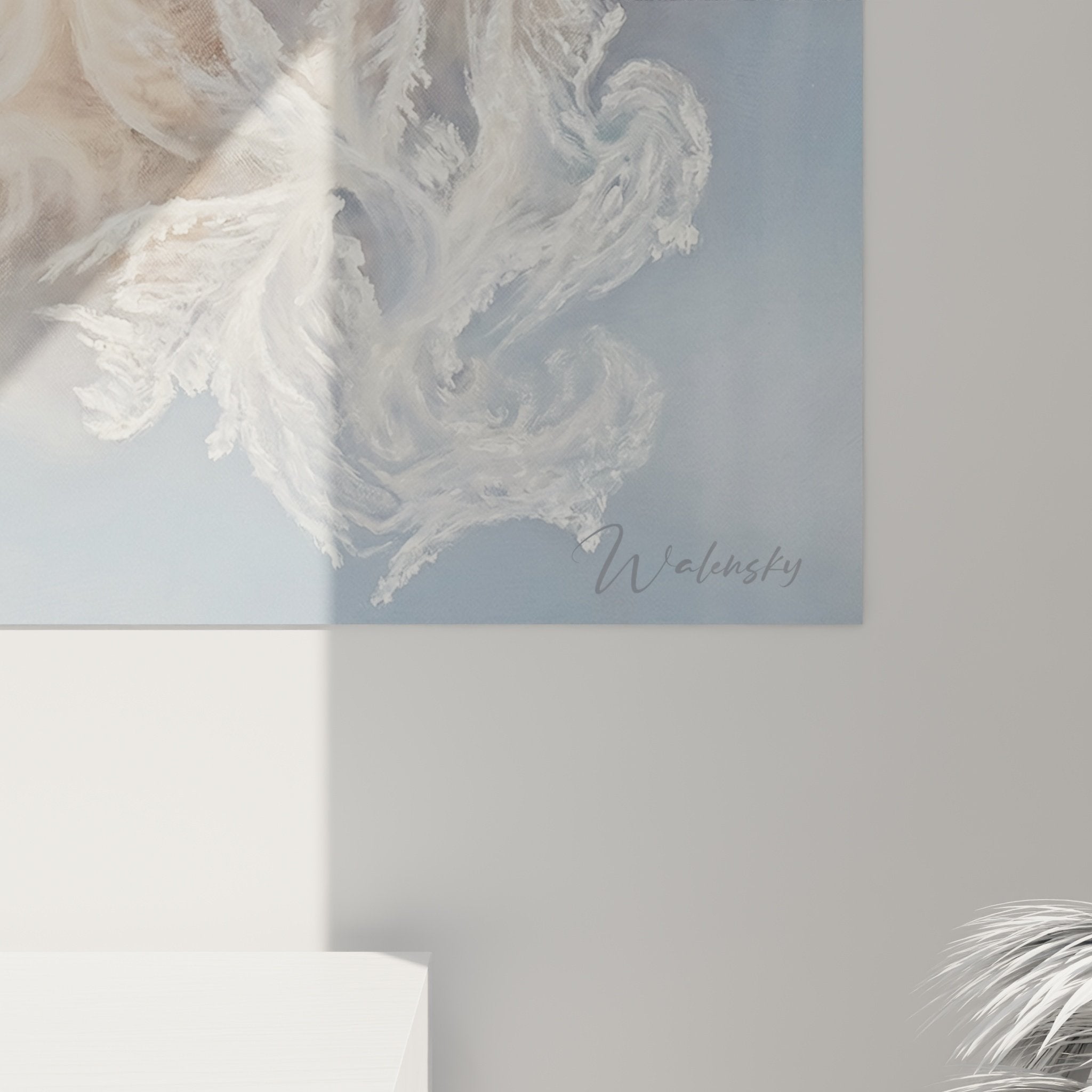 Vue d'ensemble tableau Husky yeux bleus souffle froid, art mural nordique tons gris argenté