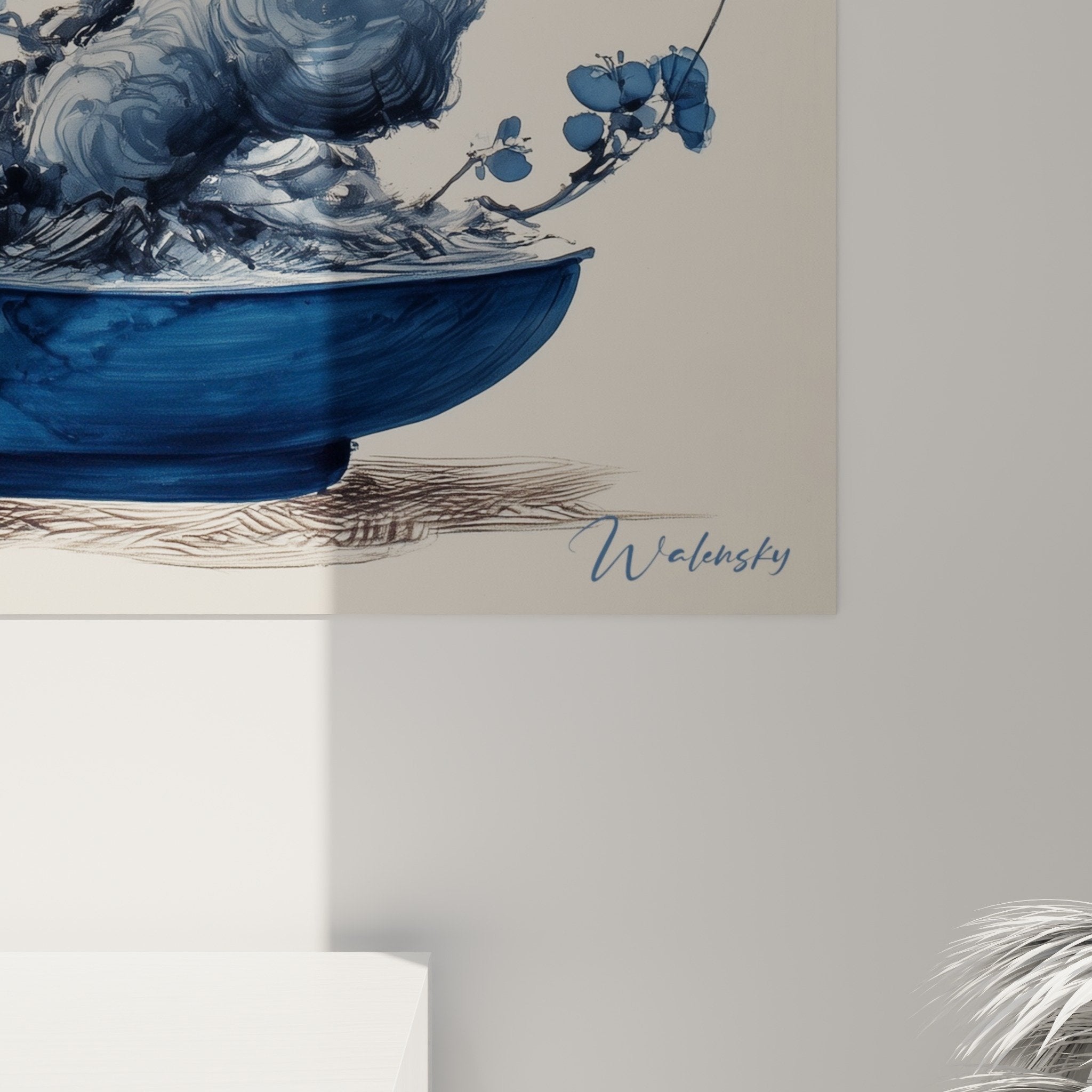 Ikebana bonsai blue wall art modern interior decoration Japanese contemporary art overview