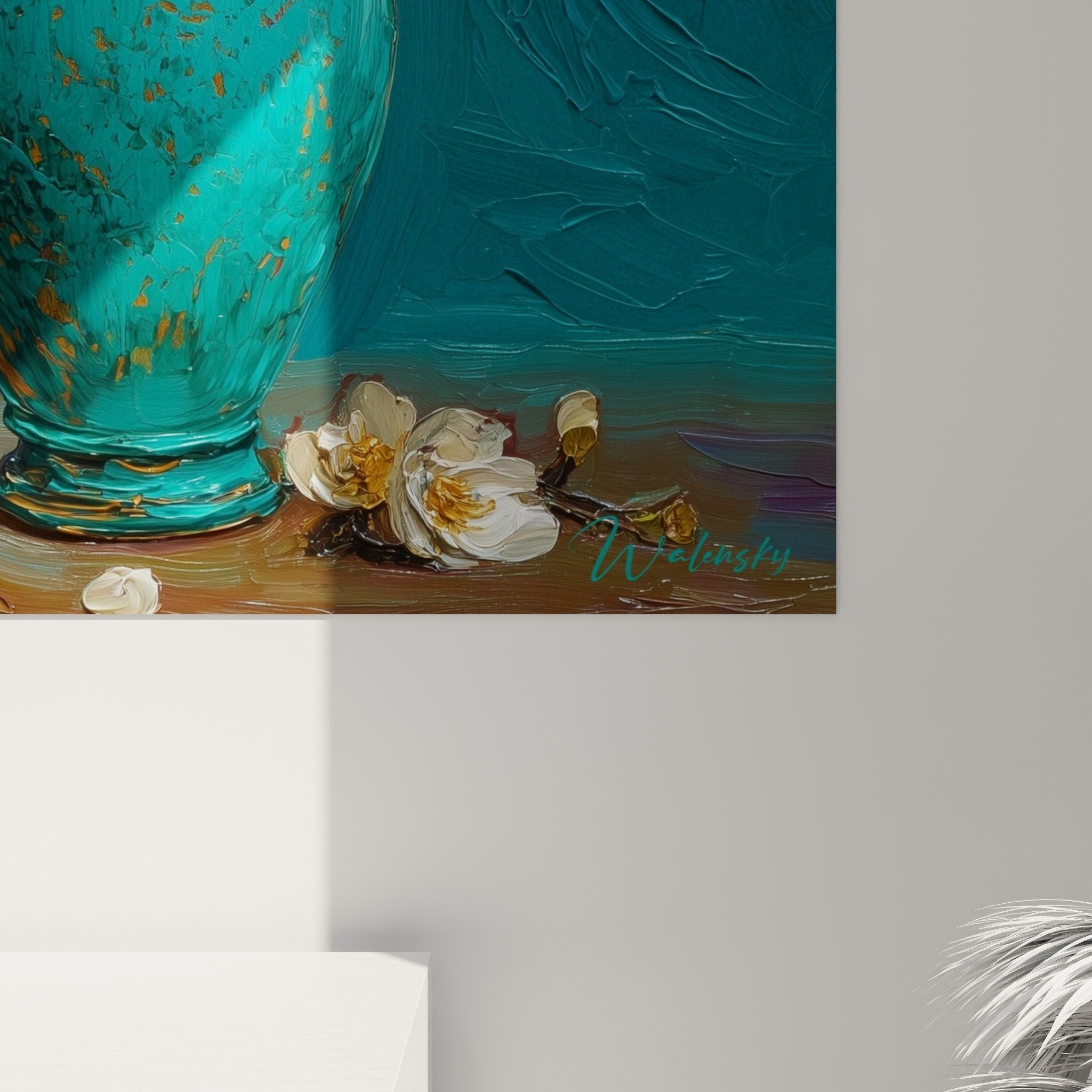 Vue ensemble tableau ikebana vase turquoise branches fleuries decoration murale zen