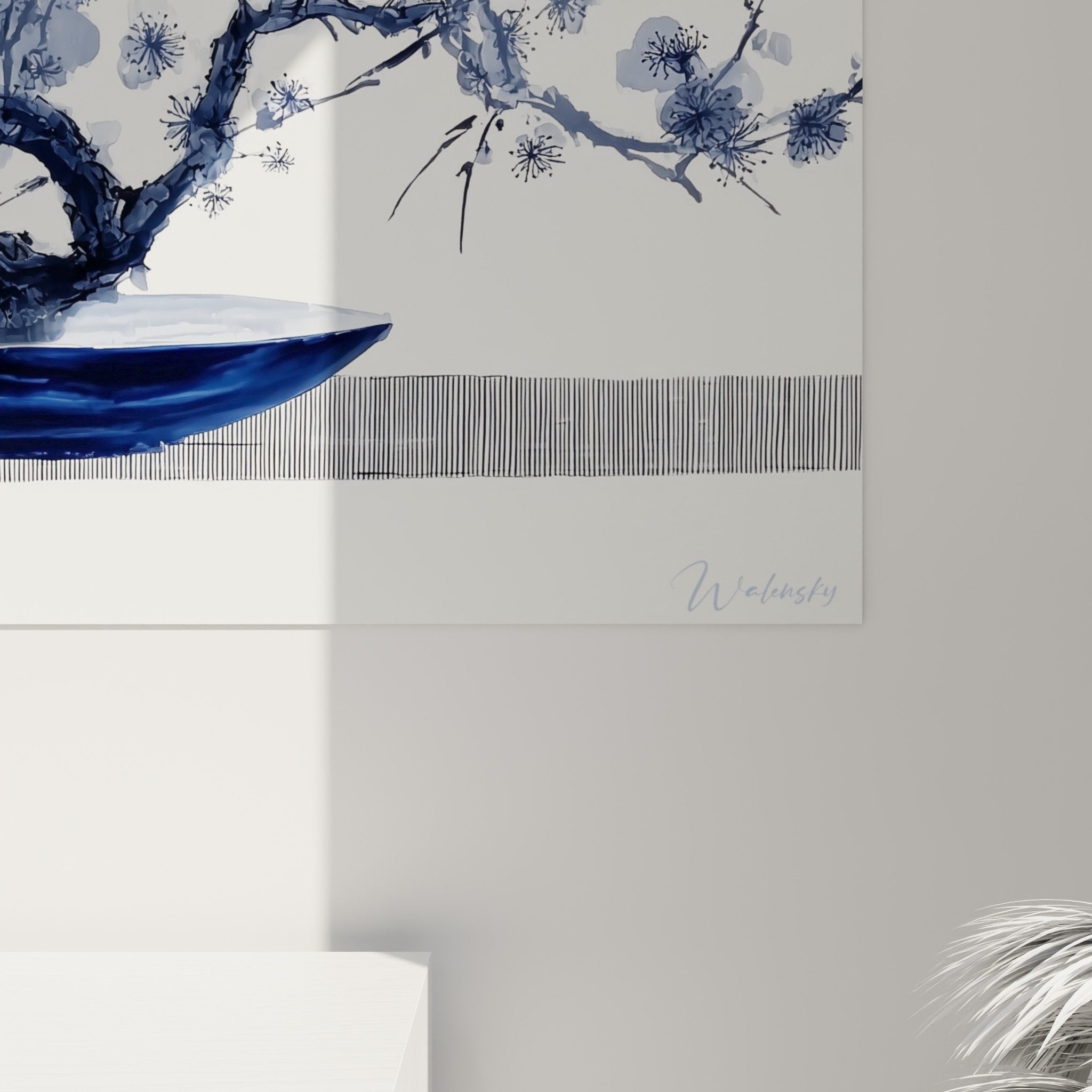 Ikebana wall art overview white wall sinuous branch marine vase modern zen decoration